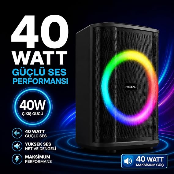 HEPU HP-981 Partybox Bluetooth Hoparlör – 6.5” Hoparlör 40W Güç RGB Işık TWS Destekli