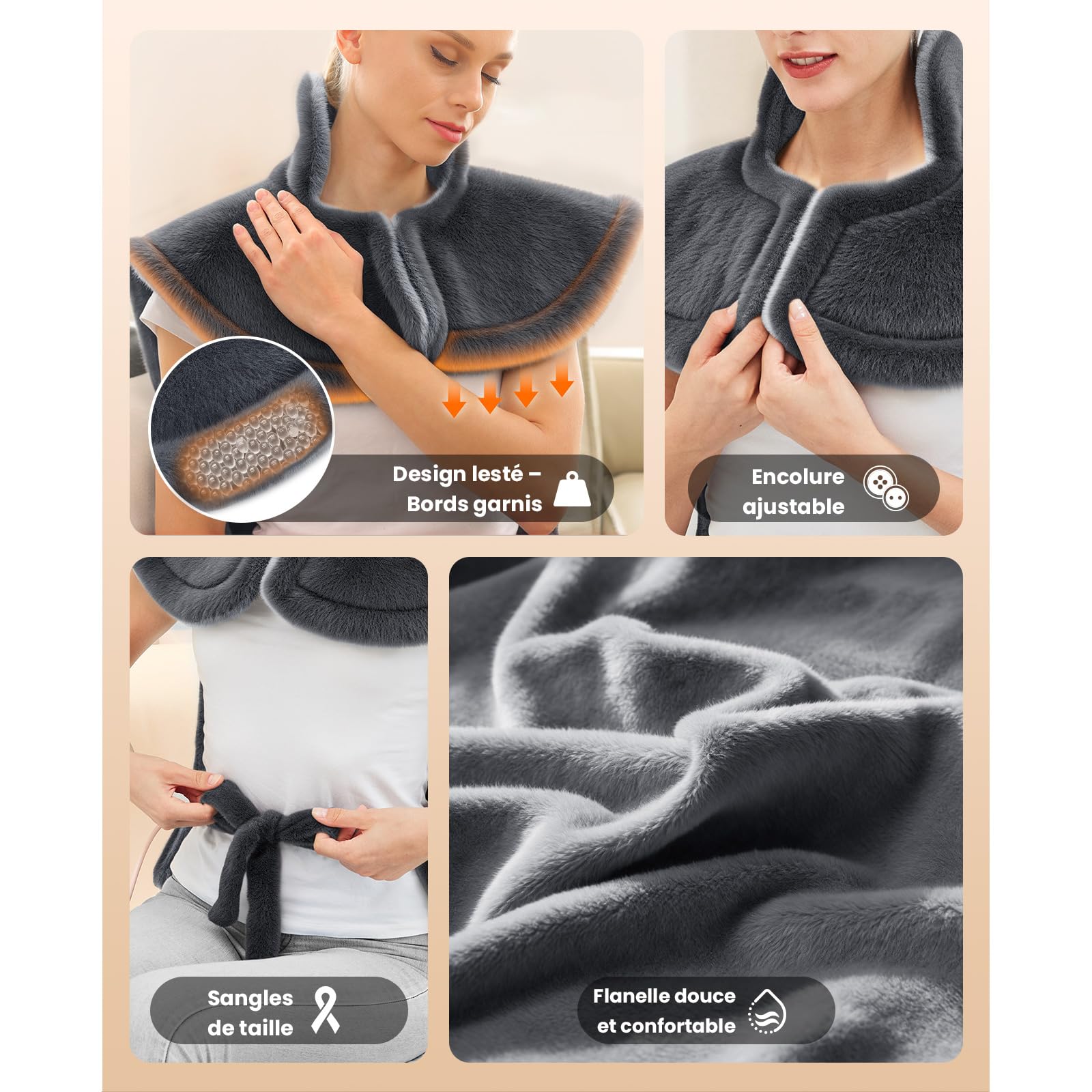 BOB AND BRAD Coussin Chauffant Électrique pour Dos, Nuque et Épaules, 6 Niveaux de Chaleur, 4 Minuteries, Chauffage Rapide, Flanelle Lavable, Cordon Extra Long 2,74m, 60x85cm- Gris