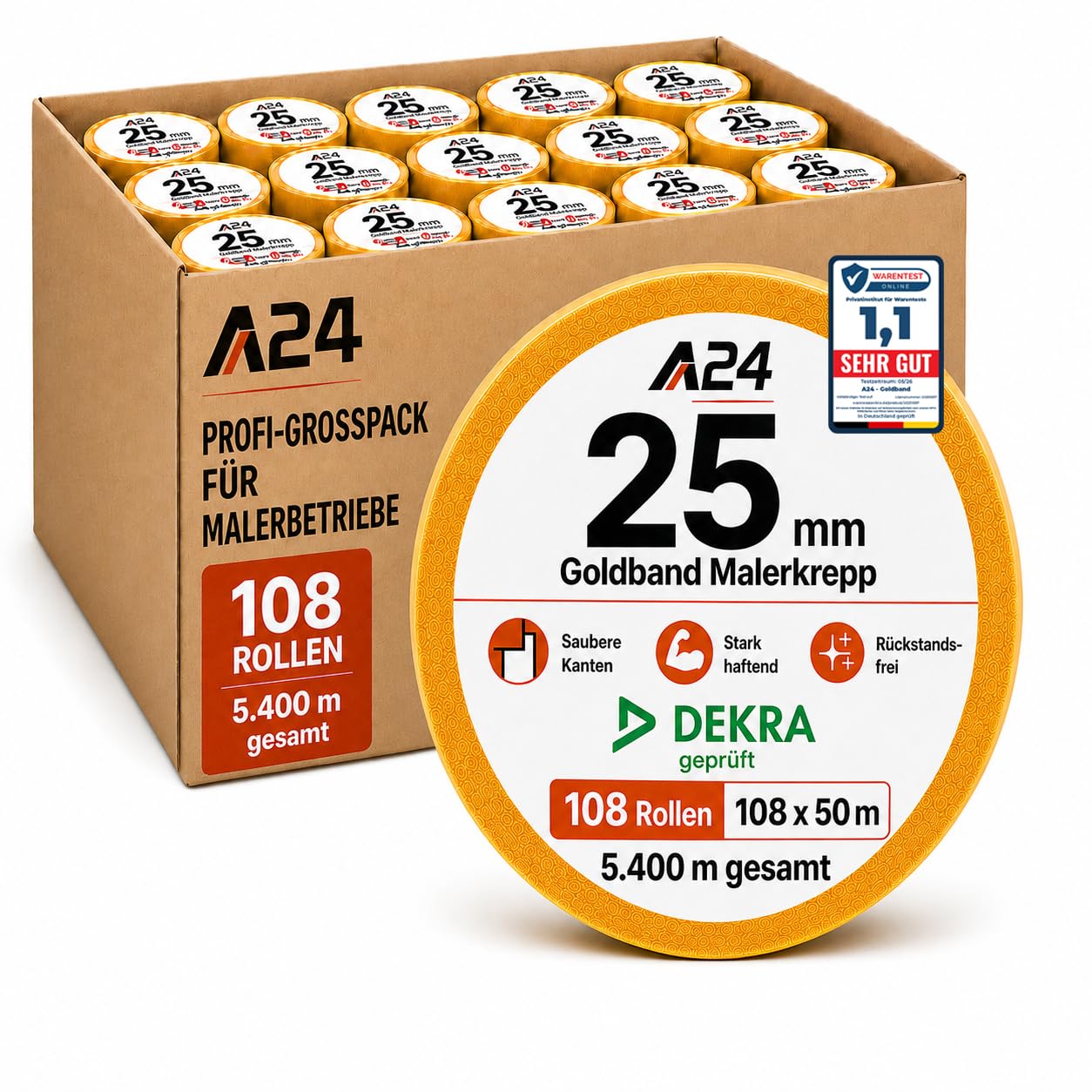 A24 Goldband Malerkrepp 25mm x 50m – Washi Tape Kreppband 108 Rollen | Gewerbekarton, Abklebeband für saubere Farbkanten, Malerklebeband, Abdeckband Innenbereich
