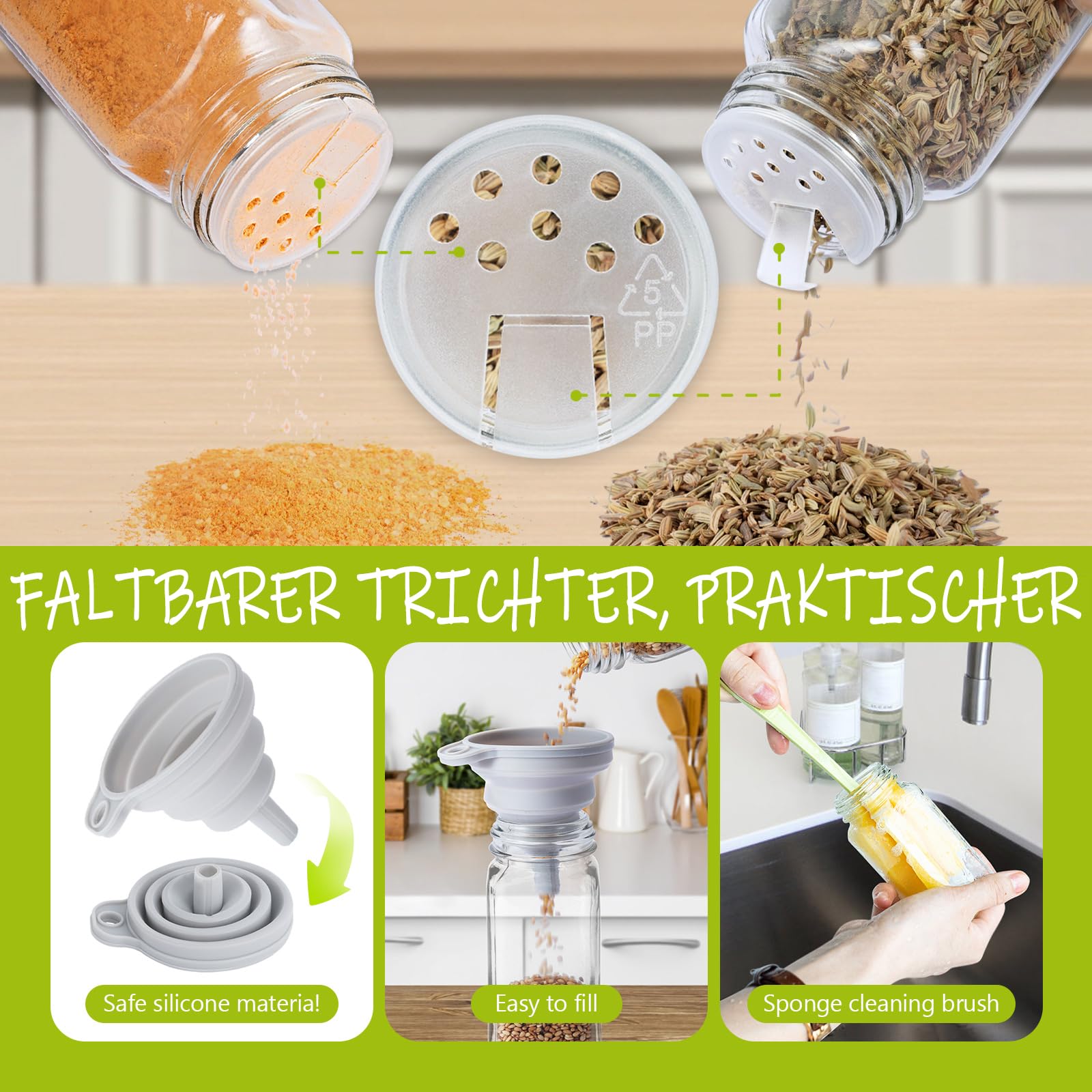 UISEBRT Set di 12 barattoli per spezie, rettangolari, con etichette, per spezie, in vetro, 120 ml, ermetici con inserto per spargimento, imbuto, spazzola per la pulizia, copertura in acciaio inox