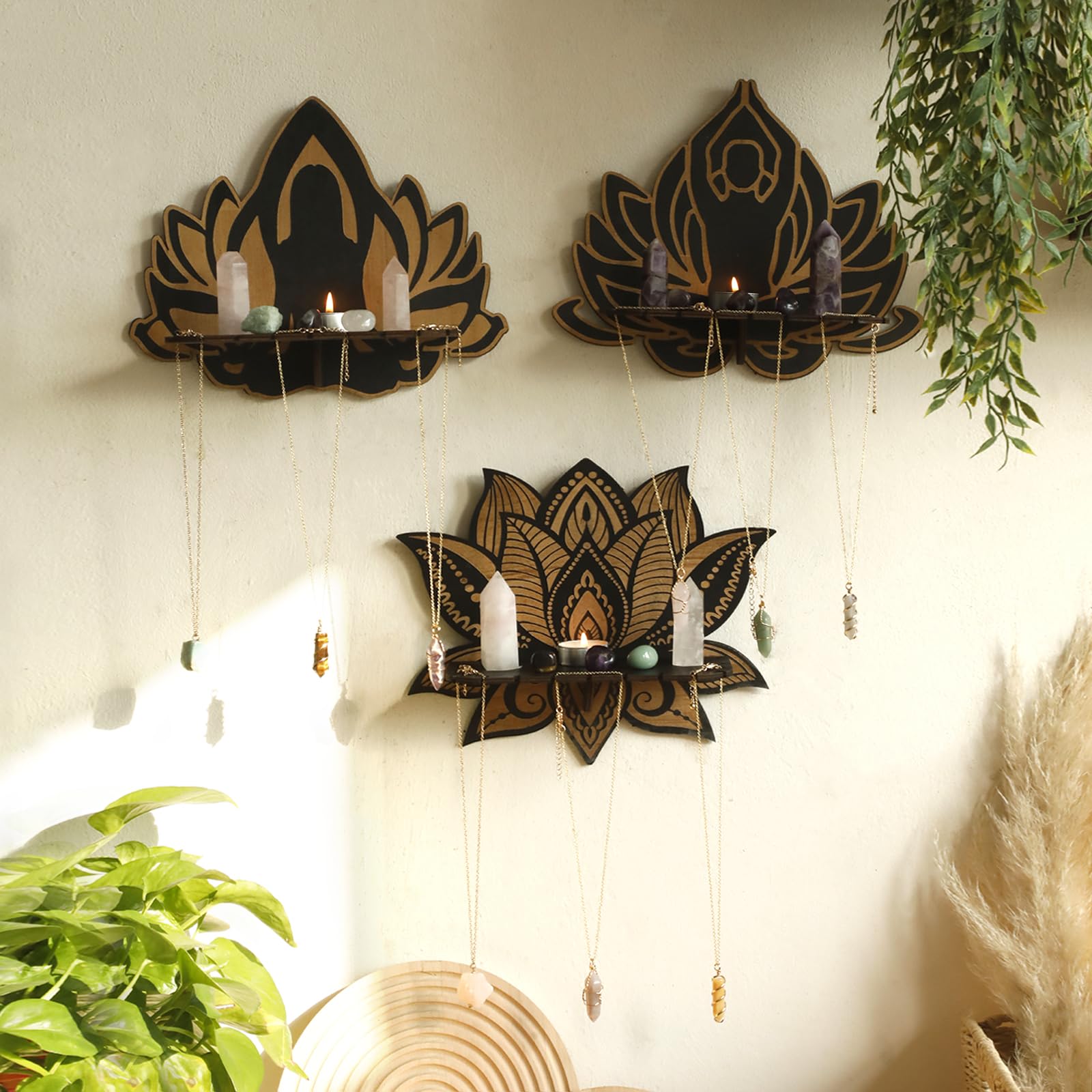 Artilady Lotus Crystal Shelf -3 Pcs Essential Oil Crystal Display Shelf Floating Shelves Yoga Decor for Bedroom Living Room Boho Wall Shelves for