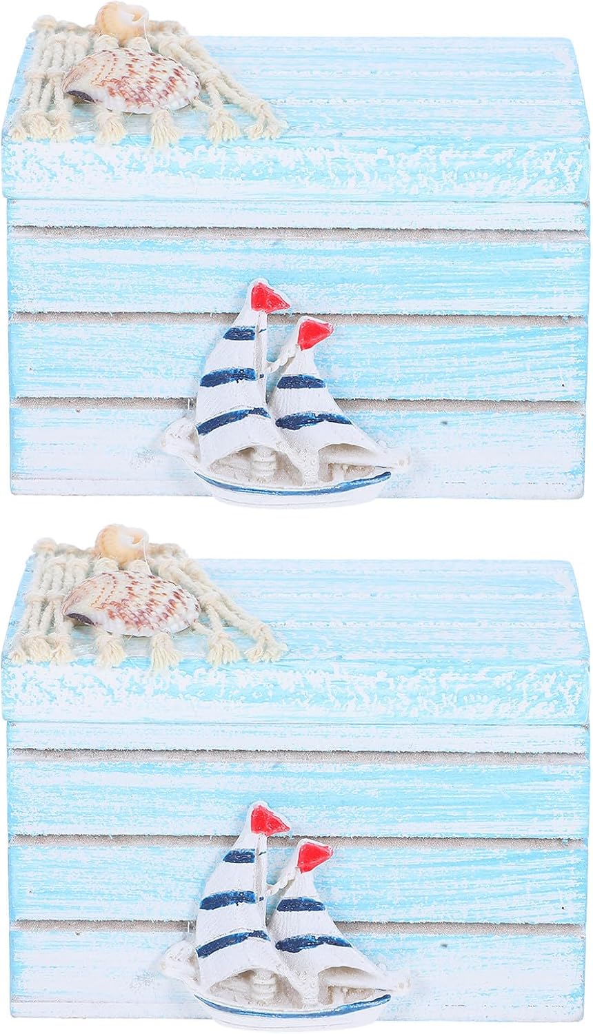 Cabilock 2pcs Nautical Wooden Jewelry Box with Lid for Small Items, Rustic