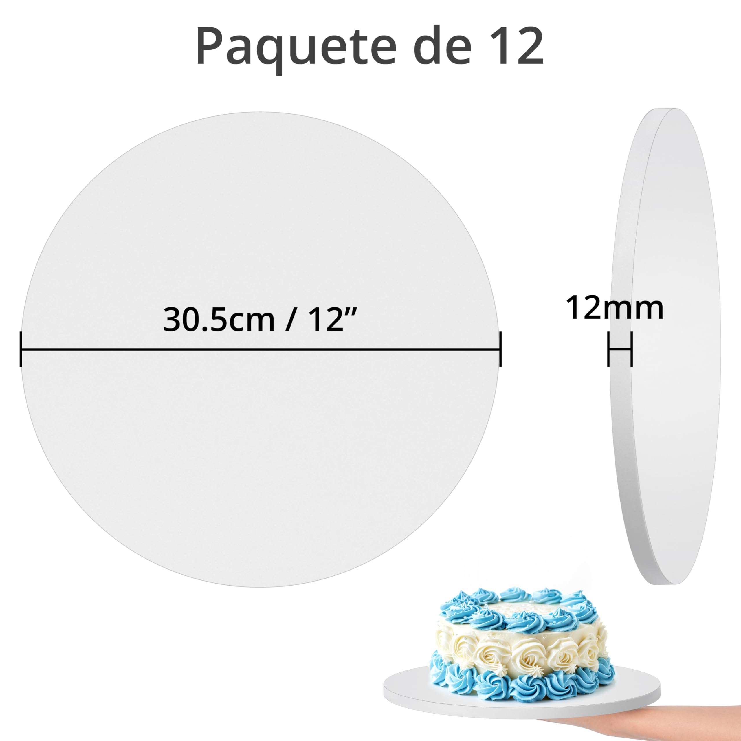 Winter Shore Soporte Tartas Blancas de 30 cm (Pack de 12) - Bases Tartas Redondas de 12 mm de Grosor para Decorar Tartas - Cartón Ondulado de Varias Capas, Superficie Lisa y Brillante Antigrasa