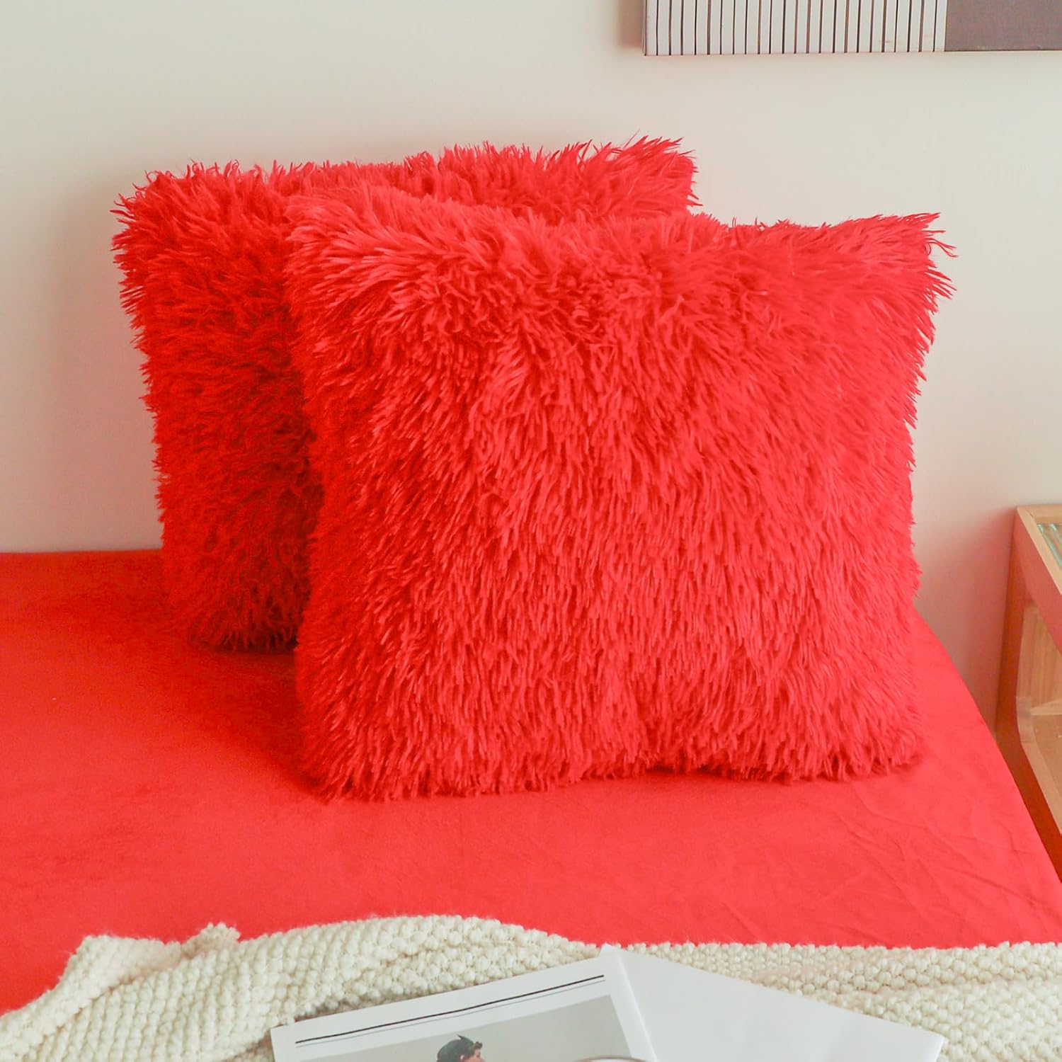 Faux Fur Red Throw Pillow Covers, Fluffy Soft Fuzzy Decorative Pillow Cases Cute Pillowcases for Home Bedroom Living Room, Zipper Closure, Set of 2 (Red, 18"x 18")