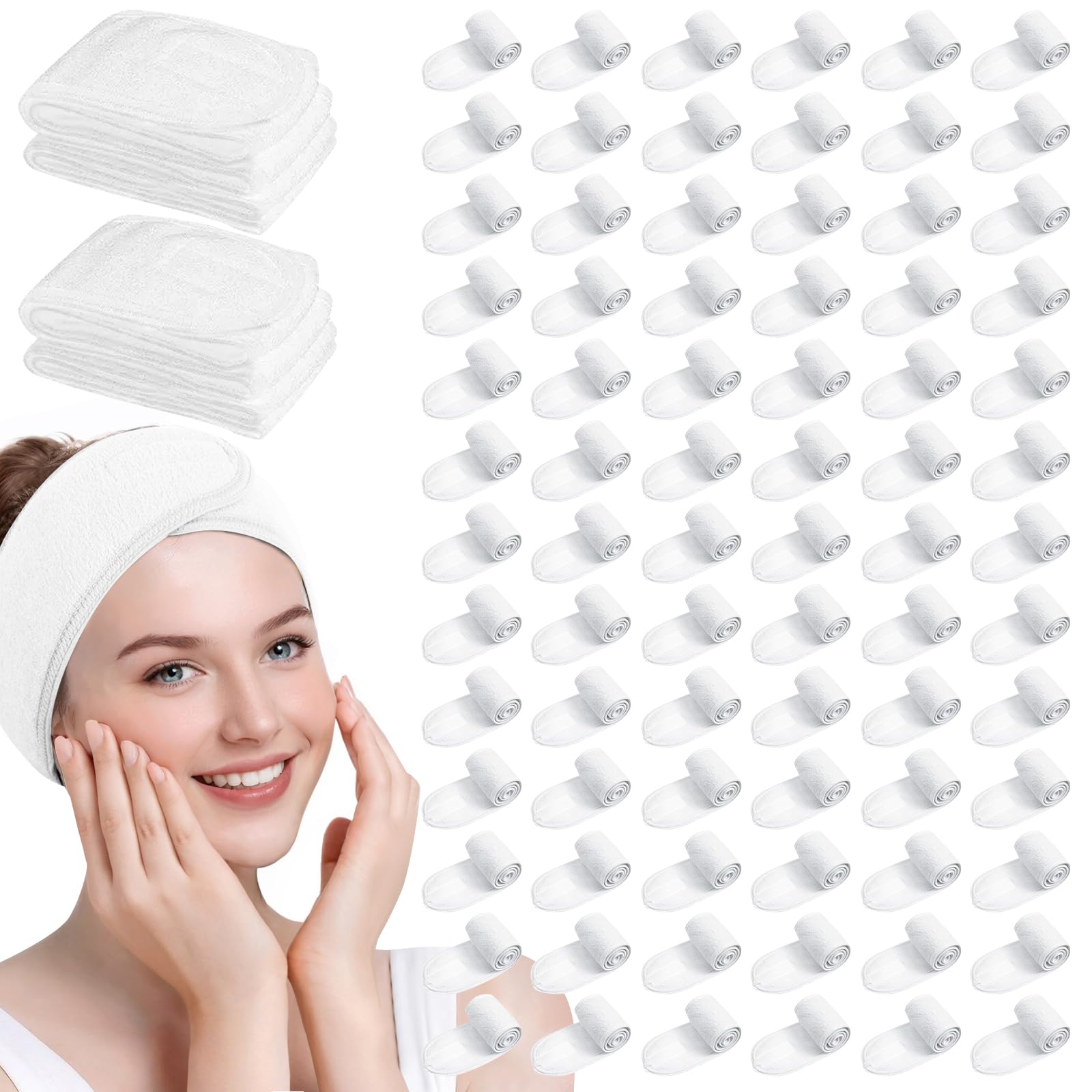 Lot de 80 bandeaux spa réglables pour femme - Bandeau antidérapant pour le lavage du visage, le maquillage, la douche, les soins de la peau et le yoga - Blanc - 80