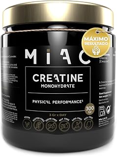 MIAC Creatina. Creatina Creapure® en Polvo Monohidratada. 300 gr. Aumento Masa Muscular. Recuperación y Potencia Muscular. Sin Sabor. Vegano/Sin Gluten