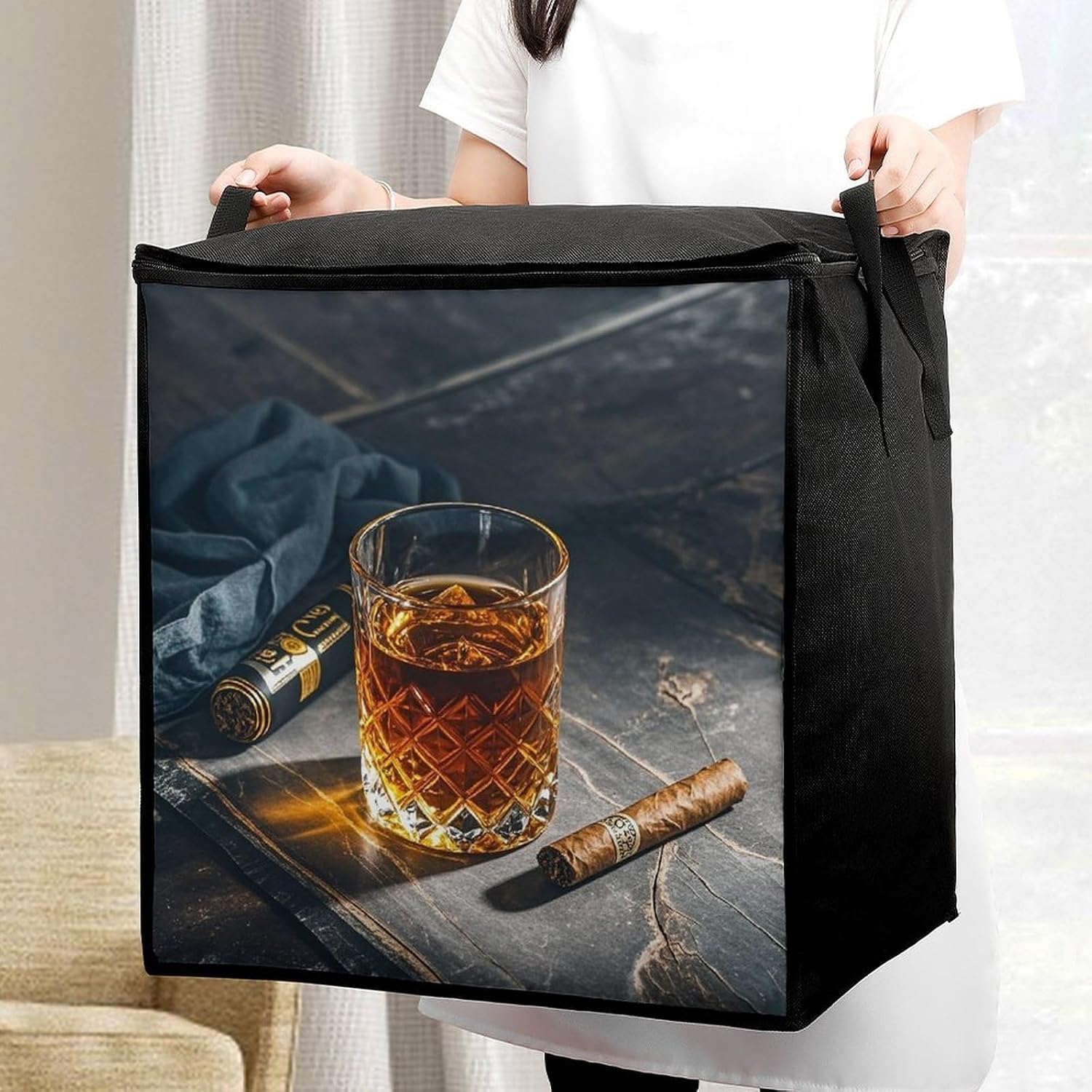 Large Cigar & Whiskey Storage Bags with Handle Foldable Closet Organizers Clothes Storage Bins Bedding Storage Containers Fabric Moving Bags Blanket Comforter Storage Bag 70L