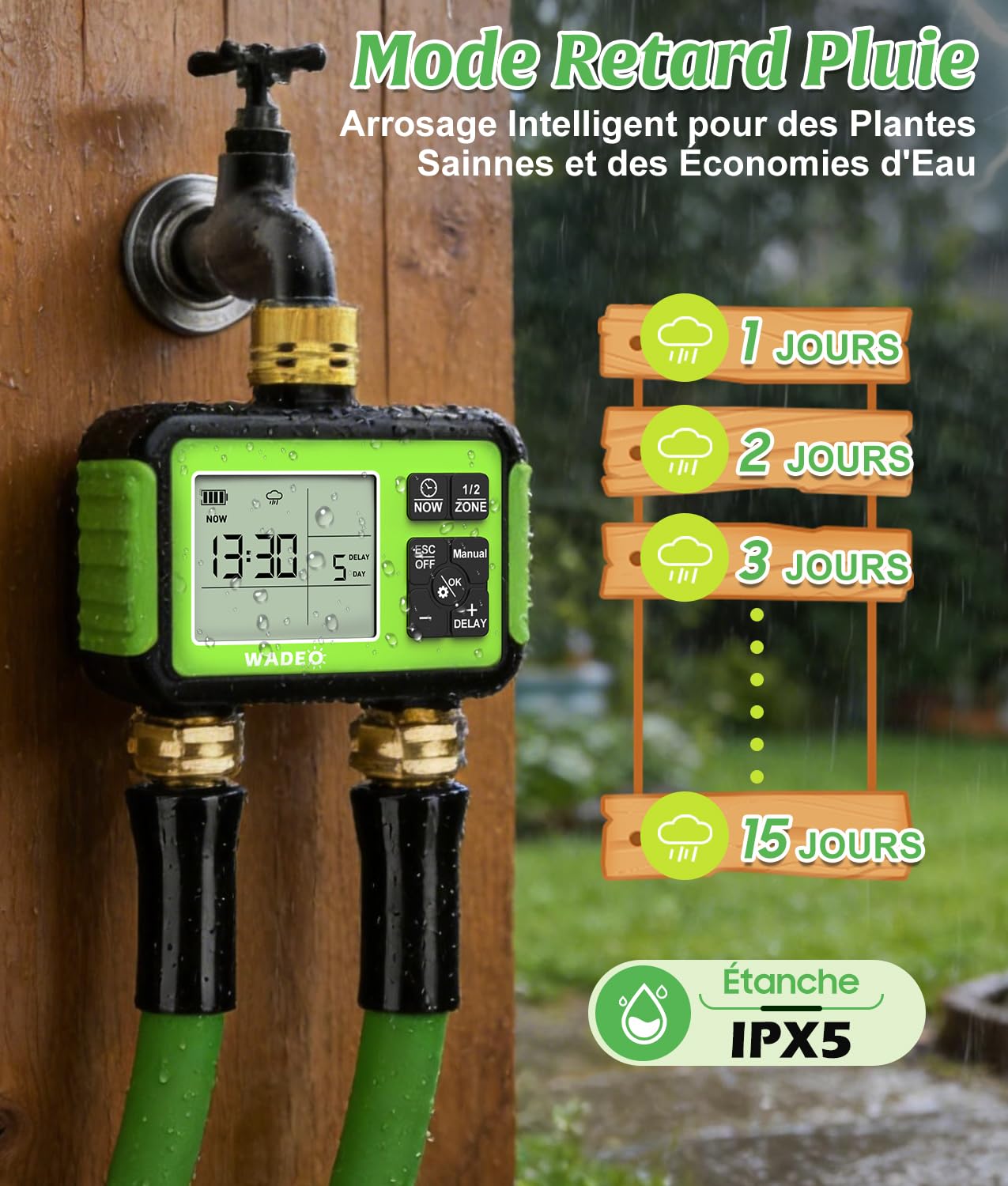 WADEO Programmateur Arrosage 2 Zones Indépendant – 2 Voies, Entrée/Sortie Laiton, Écran LCD, Modes Auto/Manuel/Délai Pluie/Verrouillage Enfant, Arrosage Automatique pour Jardin et Pelouse