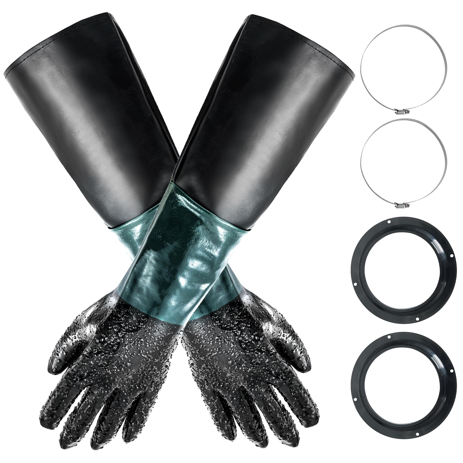 FLKQC Rubber Sandblasting Gloves | 1 Pair 23.6" Blast Protection Gloves Kit with 2 Glove Holders & Metal Clamps | Suitable for for Sandblast Cabinets