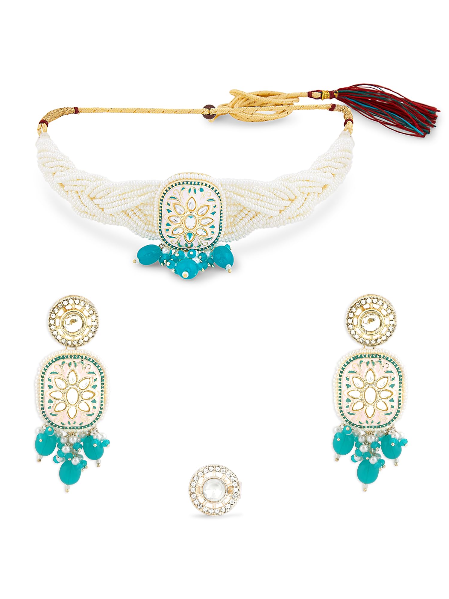 ZAVERI PEARLS Pink & Blue Meenakari Multistrand Kundan Choker Necklace Earring & Ring Set For Women-ZPFK16503 (B0CGHRH15H) Amazon Price History, Amazon Price Tracker