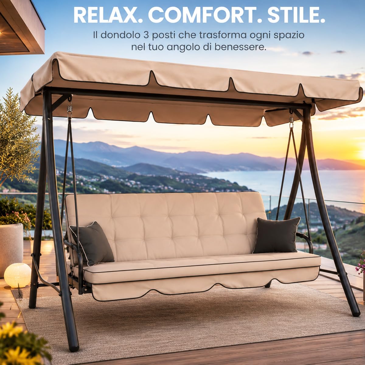 Letto Da Giardino 3 Posti Beige Panama Schienale Reclinabile Tetto Parasole Regolabile Set Cuscini 203 x 115 x 170 cm
