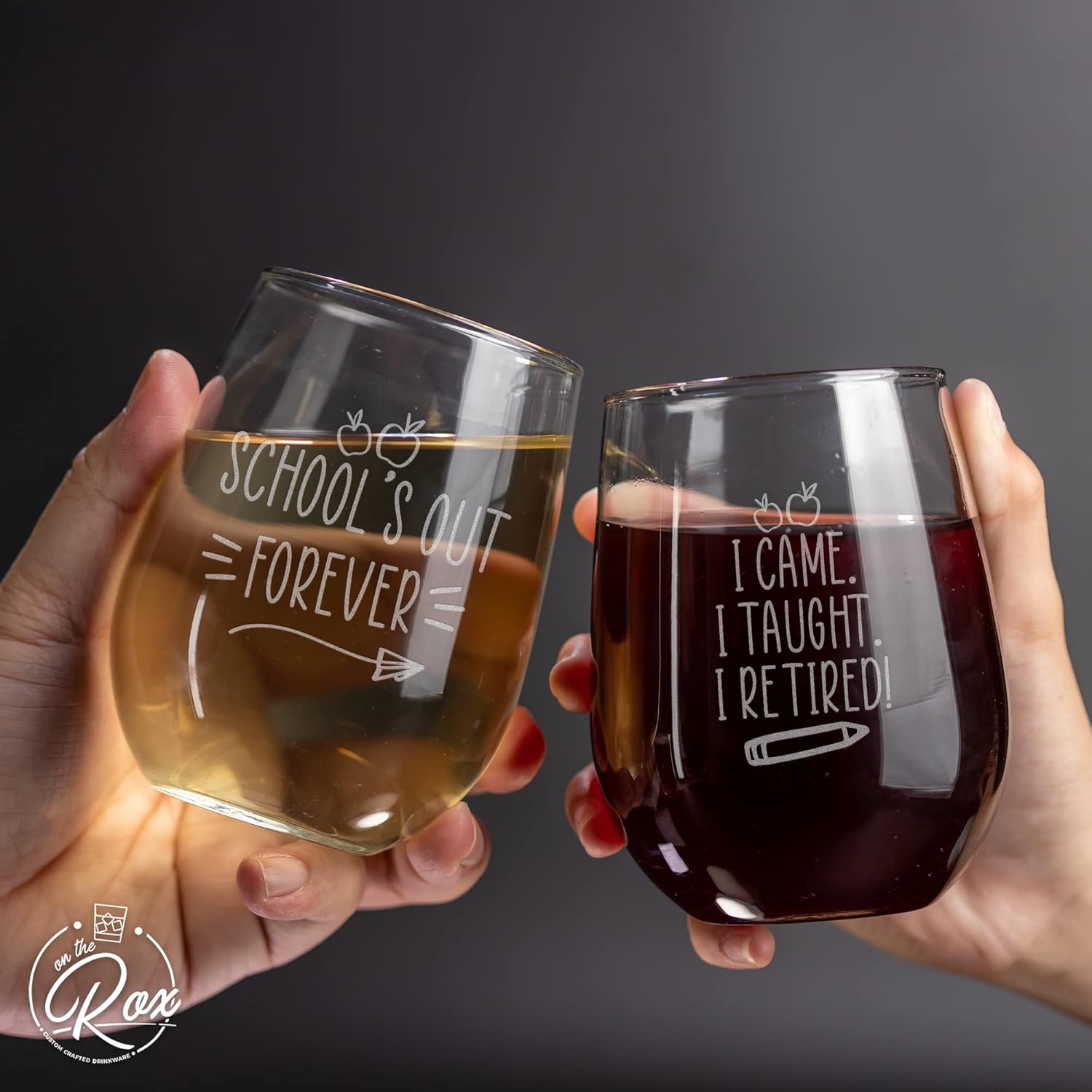 On The Rox Retirement Gifts for Women 2022-2PC Retired Teachers Stemless Wine Glass 17Oz- Funny Teacher Gifts - Gifts for Daycare Provider - Teacher Appreciation Gifts - Retired Gifts for Professors