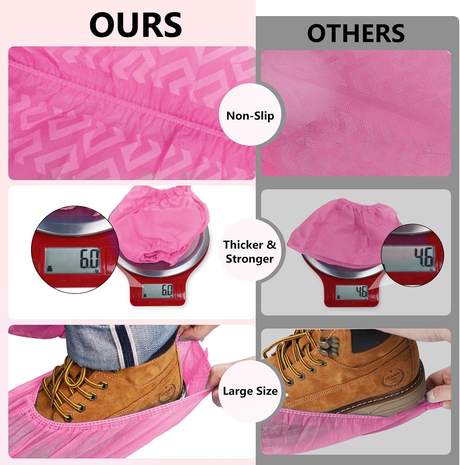 squish Shoe Covers Disposable Non Slip, 100 Pack(50 pairs) Pink Thick Extra Disposable Boot Covers Slip Proof Shoe Cover for Indoors Outdoors Durable Protector Covers Fits Virtually Most Shoes image 3
