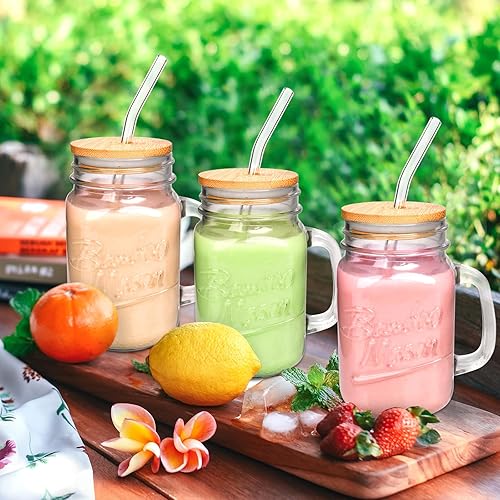 Miniatura 5 de ANOTION Vasos para beber Mason Jar  Tarros de vidrio de 16 onzas con tapas y pajitas, taza de café helado, botellas de jugo de masón, taza de