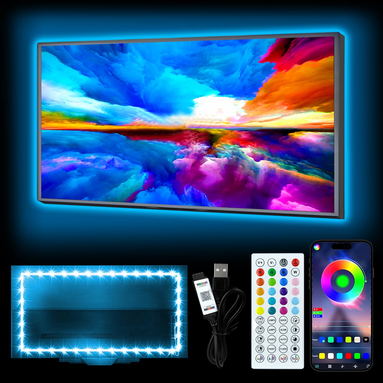 HEXJOSGL LED Light for TV, 13.1ft LED Strip Light for 40-55 Inch TV, RGB TV Backlight Behind, Music Sync Bluetooth APP & Remote Control, 5V USB Powered Strip Light for Living Room/Bedroom