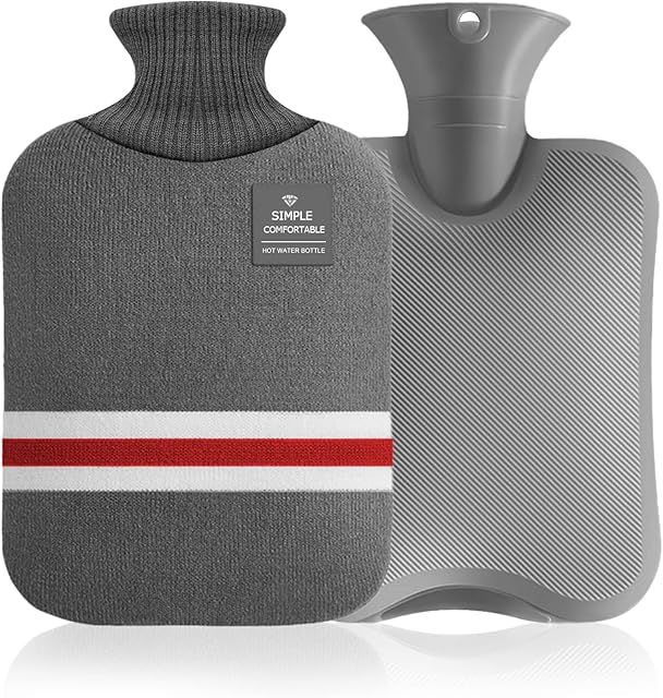 Hot Water Bottle with Cover, 2L Large Hot Water Bottle Bag with Hand Pocket Warmer Soft Fleece Cover for Hot and Cold Compress, Hand Feet Warmer, Neck and Shoulder Pain Relief, Gray