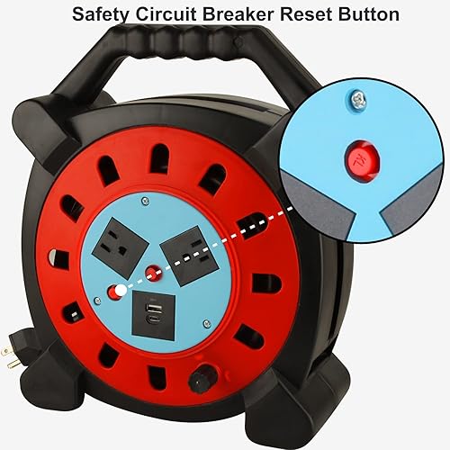 Miniatura 4 de COMBOWIN Carrete de cable de extensión 2 salidas un enchufe USB tipo A tipo C 50 pies 16 AWG3 carrete de cable abierto resistente