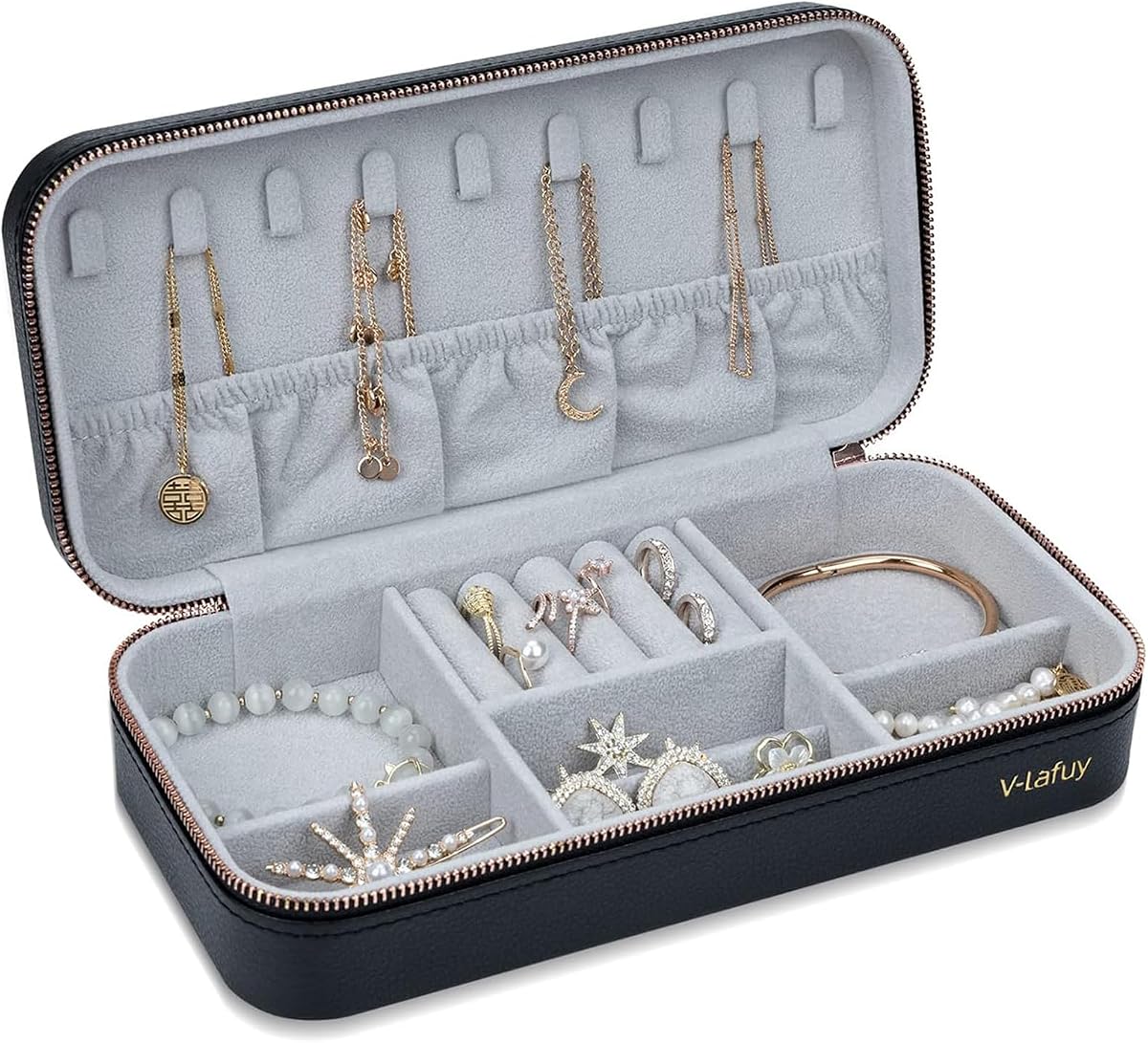 Travel Jewelry Case Organizer, Portable Jewellery Box for Women Jewelry Travel Organizer for Rings Earrings Necklaces Bracelets Watch, Black C