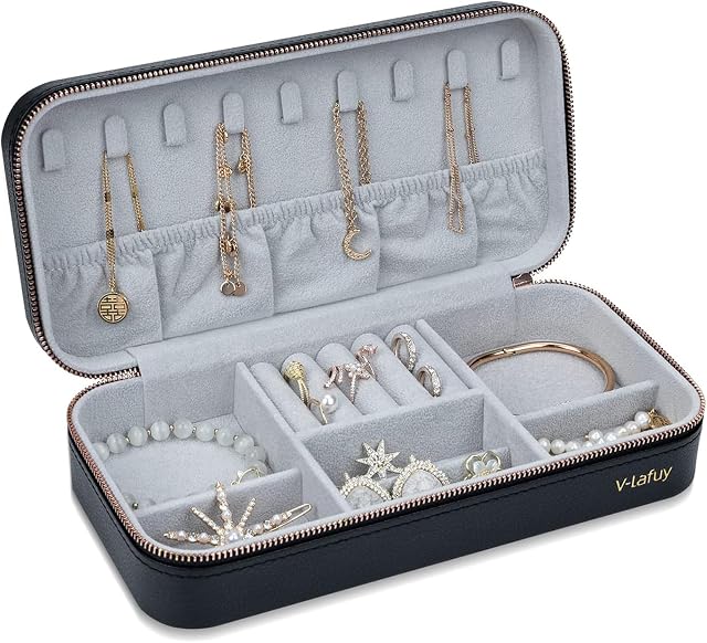 V-LAFUY Travel Jewelry Case Organizer, Portable Jewellery Box for Women Jewelry Travel Organizer for Rings Ear
