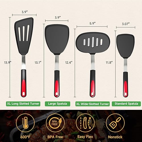 Miniatura 3 de GEEKHOM - Juego de 4 espátulas de silicona resistentes al calor de 600 F para utensilios de cocina antiadherentes, extra grandes, flexibles, sin