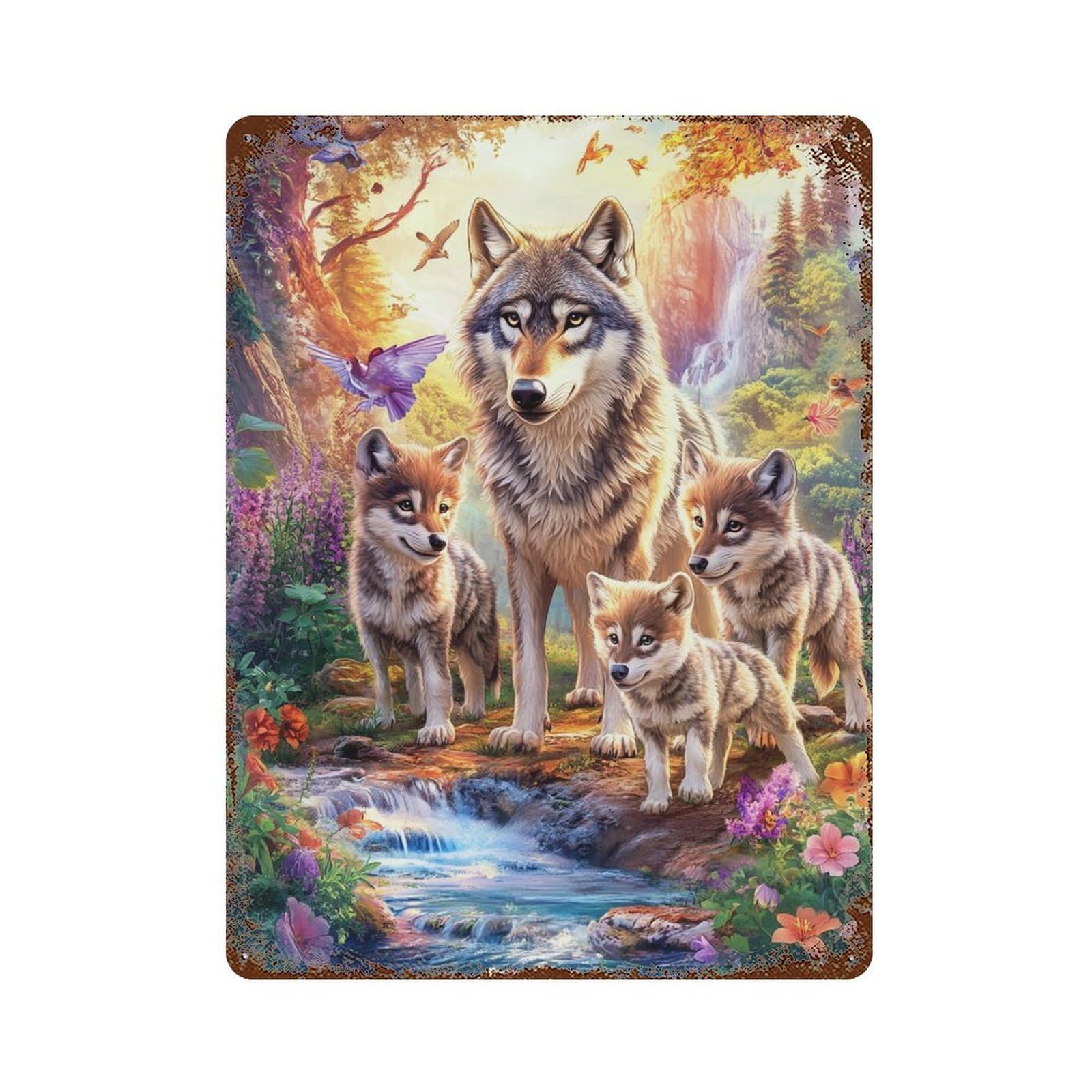 Garage Style Wolf Family in Fantasy Forest-1 Decorative Tin Sign 15.7"x11.8", Industrial Home Decor for Bar And Workshop