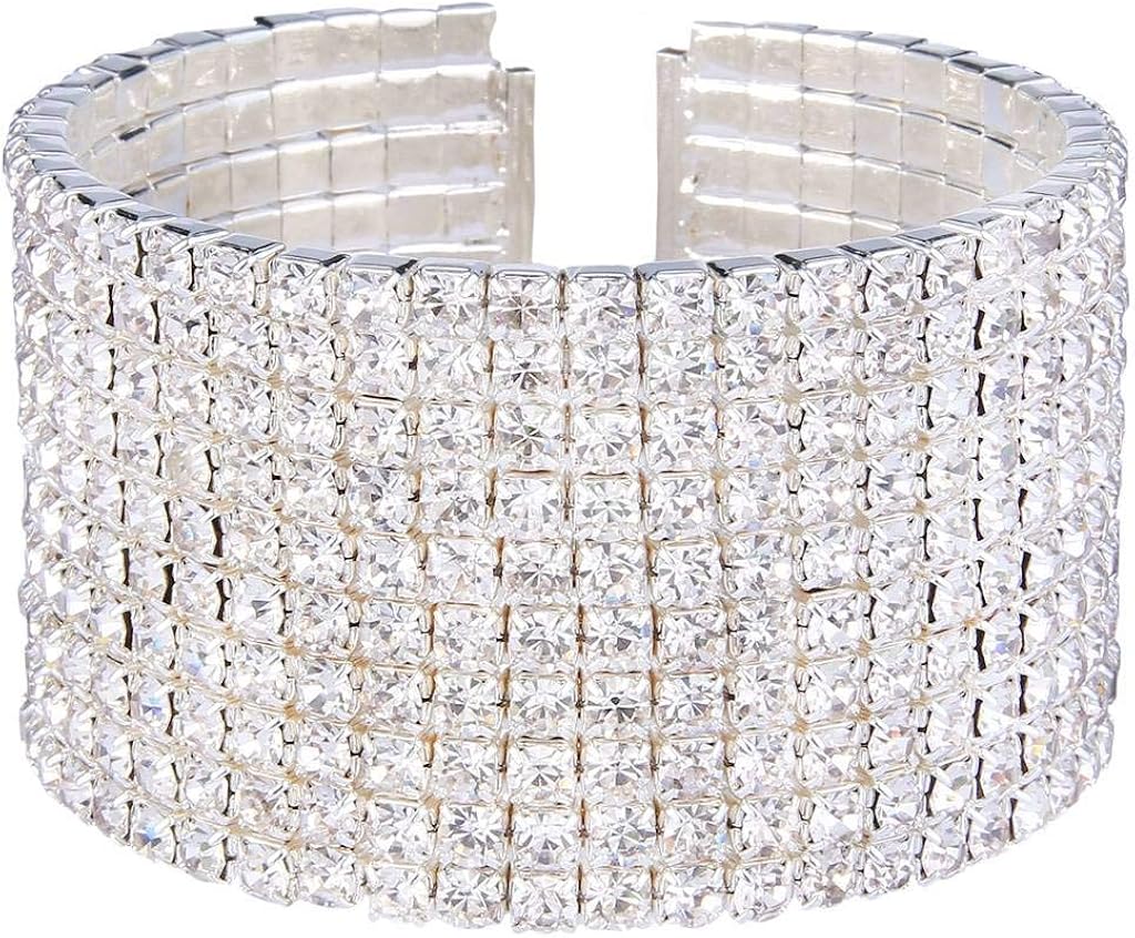 Clearine Women's Wedding Bridal Disco Ball Inspired Crystal Open Stretch Bracelet Clear Silver-Tone, 6.7in*1.4in