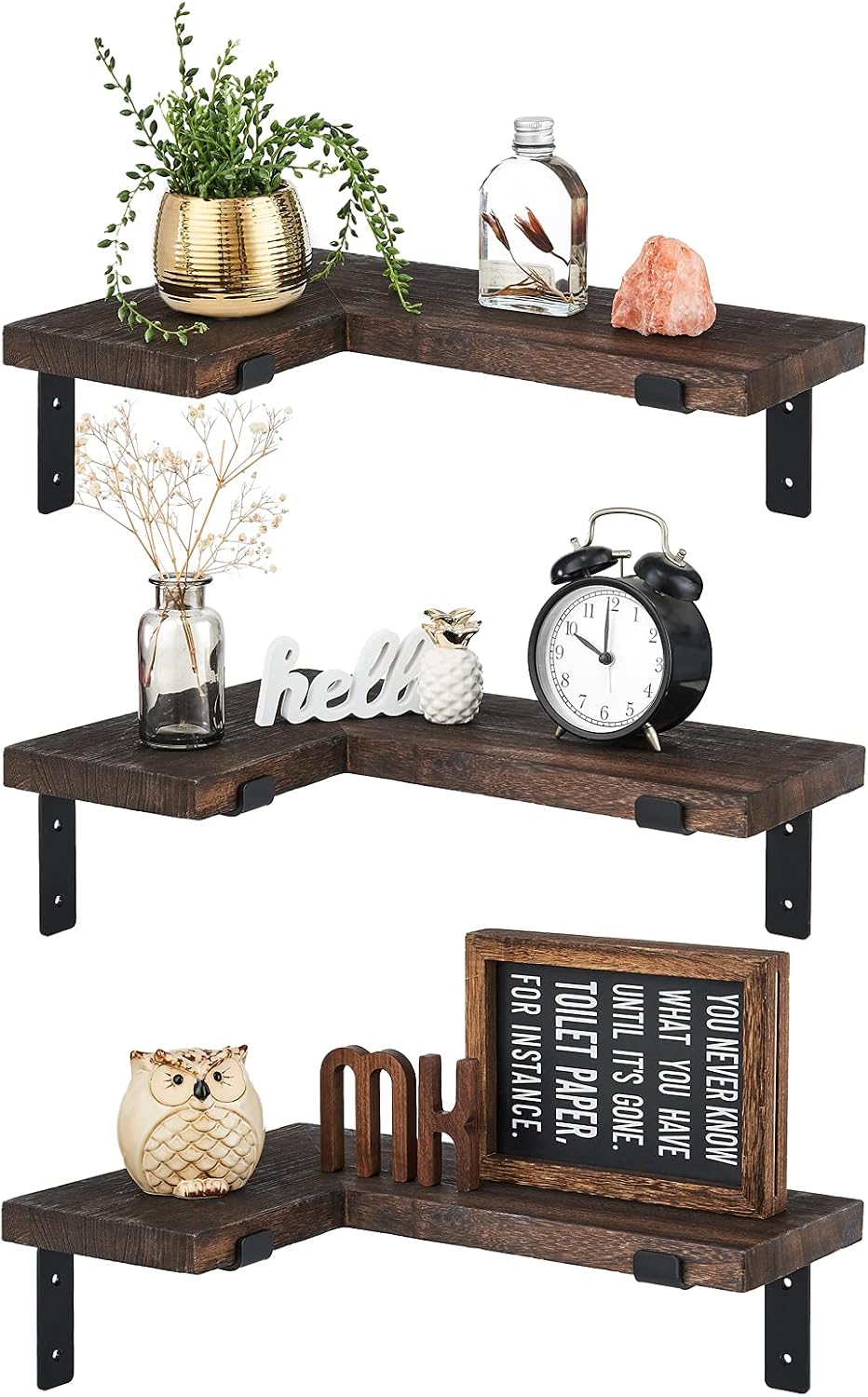 Mkono Corner Floating Shelves Wall Shelf Set of 3, Shelves for Wall Storage, Rustic Wood Wall Mounted Display Shelves for Bathroom Bedroom Kitchen Garage, Brown
