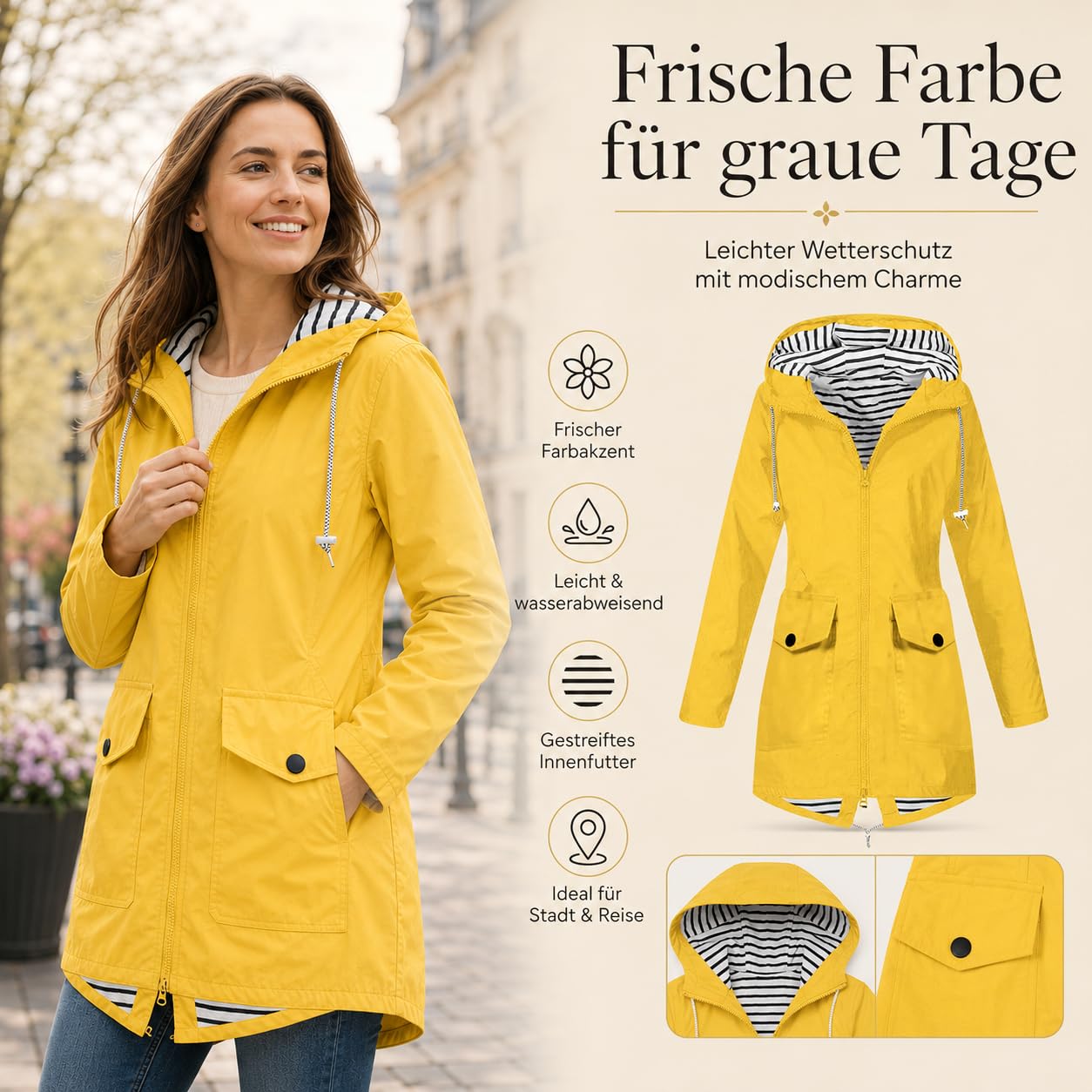 Regenjacke Damen - Wasserdicht Kapuzenjacke Frauen Leichte Jacke mit Kapuze Taschen Outdoorjacke Windbreaker Übergangsmantel Funktionsjacke Übergangsjacke für Alltag Reisen Wandern Trekking