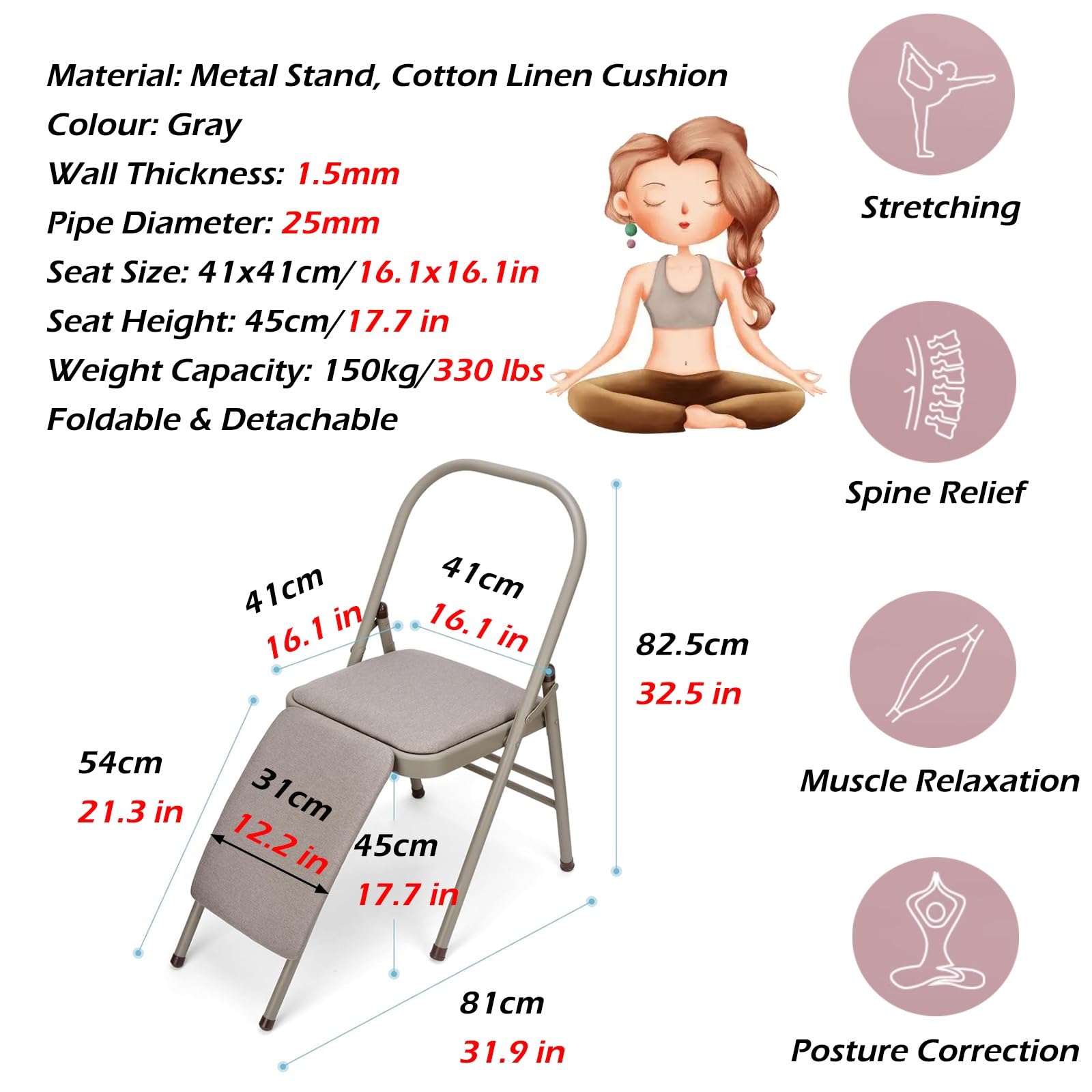 MZZKFC Gray Double Beam Yoga Equipment with Detachable Waist Support, Foldable Yoga Chair with Foot Pads, Yoga Auxiliary Chair for Waist/Leg & Hip Exercise