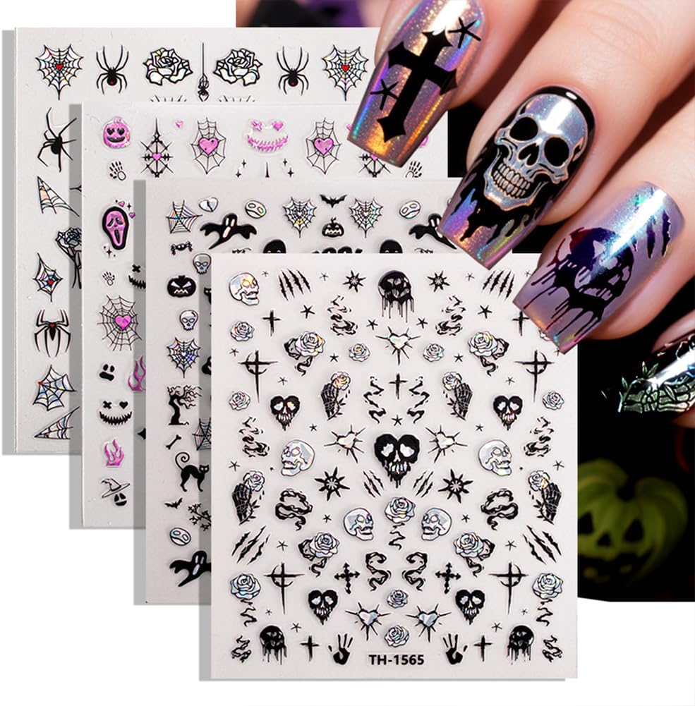 Halloween Nail Stickers - Halloween Nail Decals,3D Self-Adhesive Laser Skull Spider Web Nail Art Decals DIY Holiday Nail Stickers for Women Grils (6 Sheets)