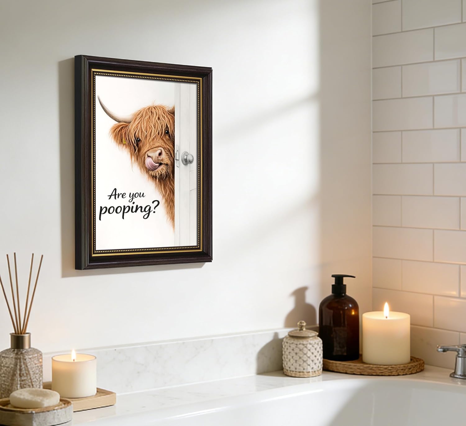 Framed Funny Highland Cow Canvas Wall Art with Humorous Are You Pooping Painting Picture Wall Decor Rustic Cute Animal Poster Print Artwork for Bathroom Restroom Washroom Apartment Home Decoration