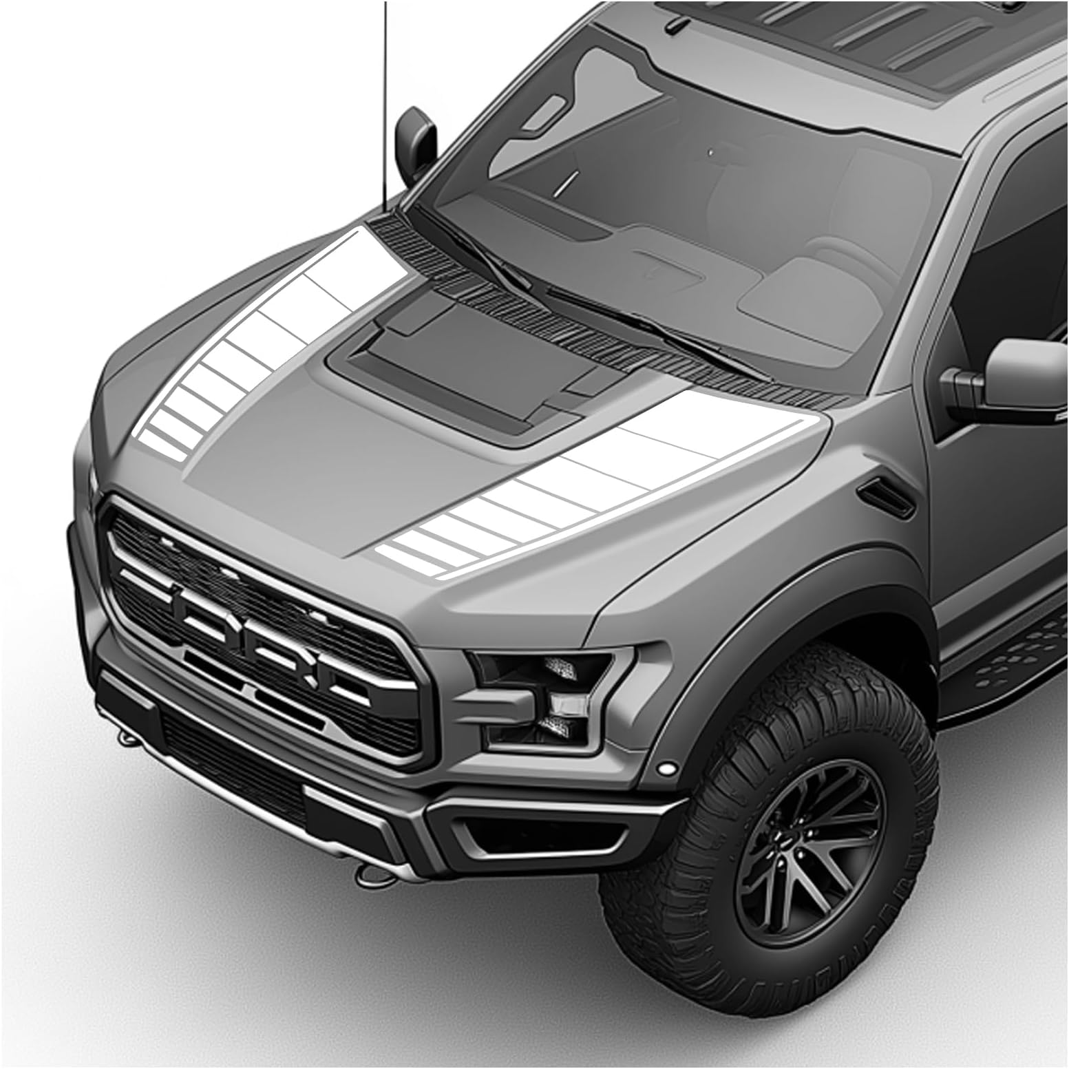 Hood Blackout Racing Stripes Vinyl Decal Sticker Kit- Compatible with Ford F150 Raptor 2014-2020 (Style 4, White)