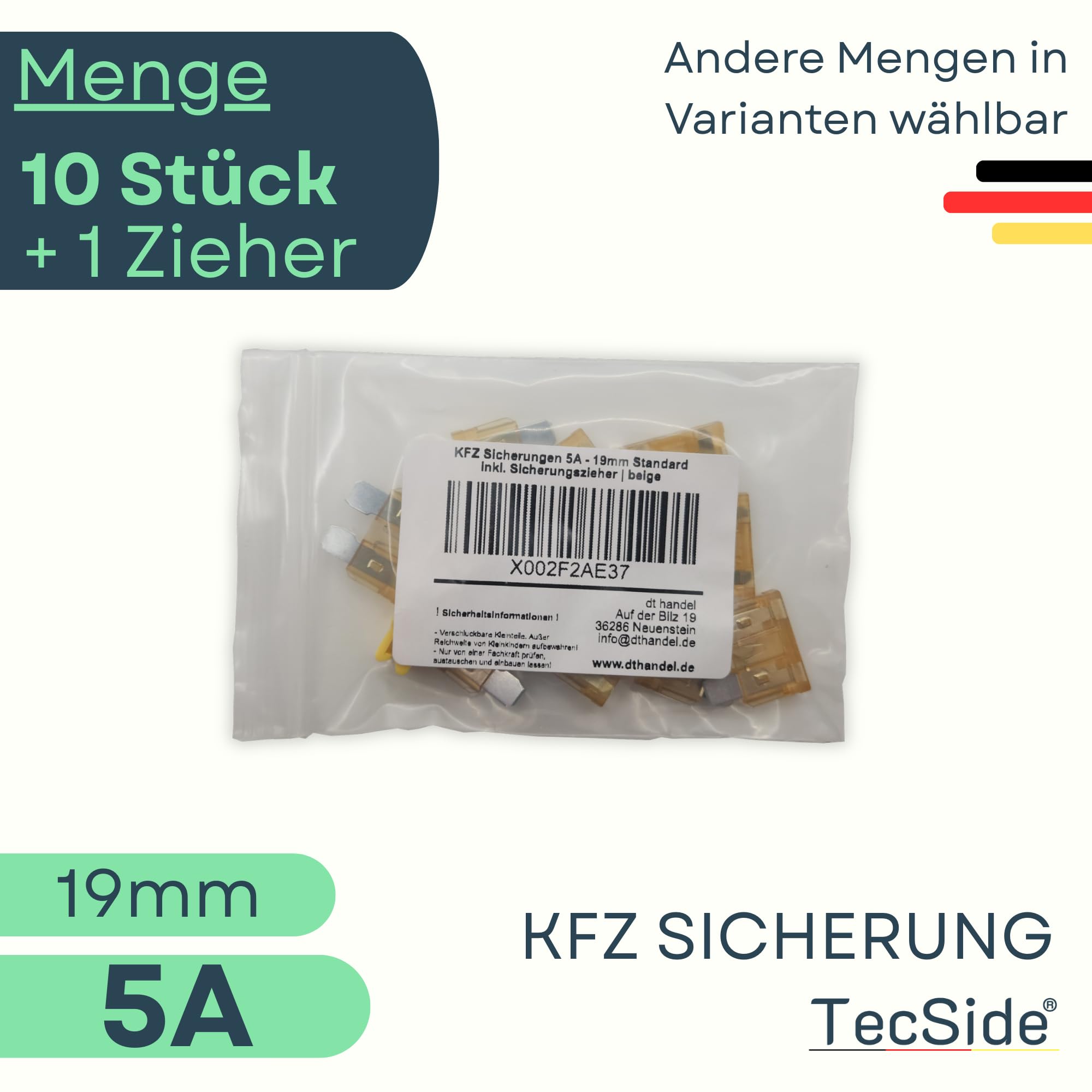 Car Fuses 5 A, Pack of 10 + Fuse Puller, Plug Fuses for 12 V, 24 V, 32 V, 19 mm Blade Fuses in Accordance with DIN ISO 8820-3, for Boat, Motorcycle, Motorhome & Scooter, Car Fuse, Beige - 5