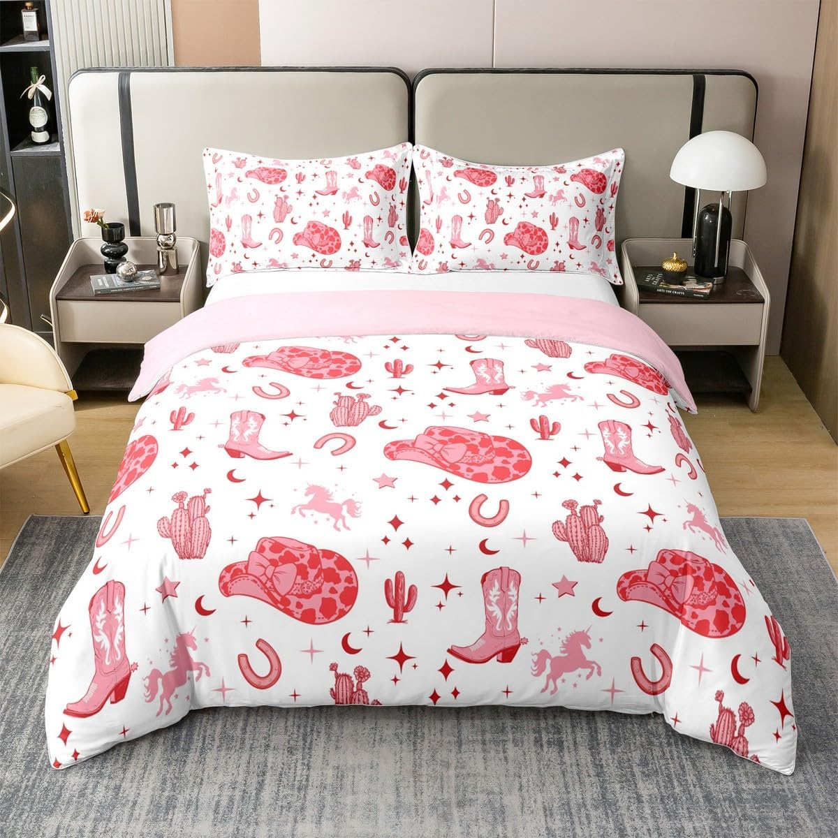 Western Cowgirl Kids Comforter Cover 3 Pcs Horse Cowboy Full 100% Cotton Duvet Cover For Girls Boys Children Rustic Farmhouse Bedding Set Teens Tribal Horseshoe Farm Animal Bed Set With 2 Pillow Cases