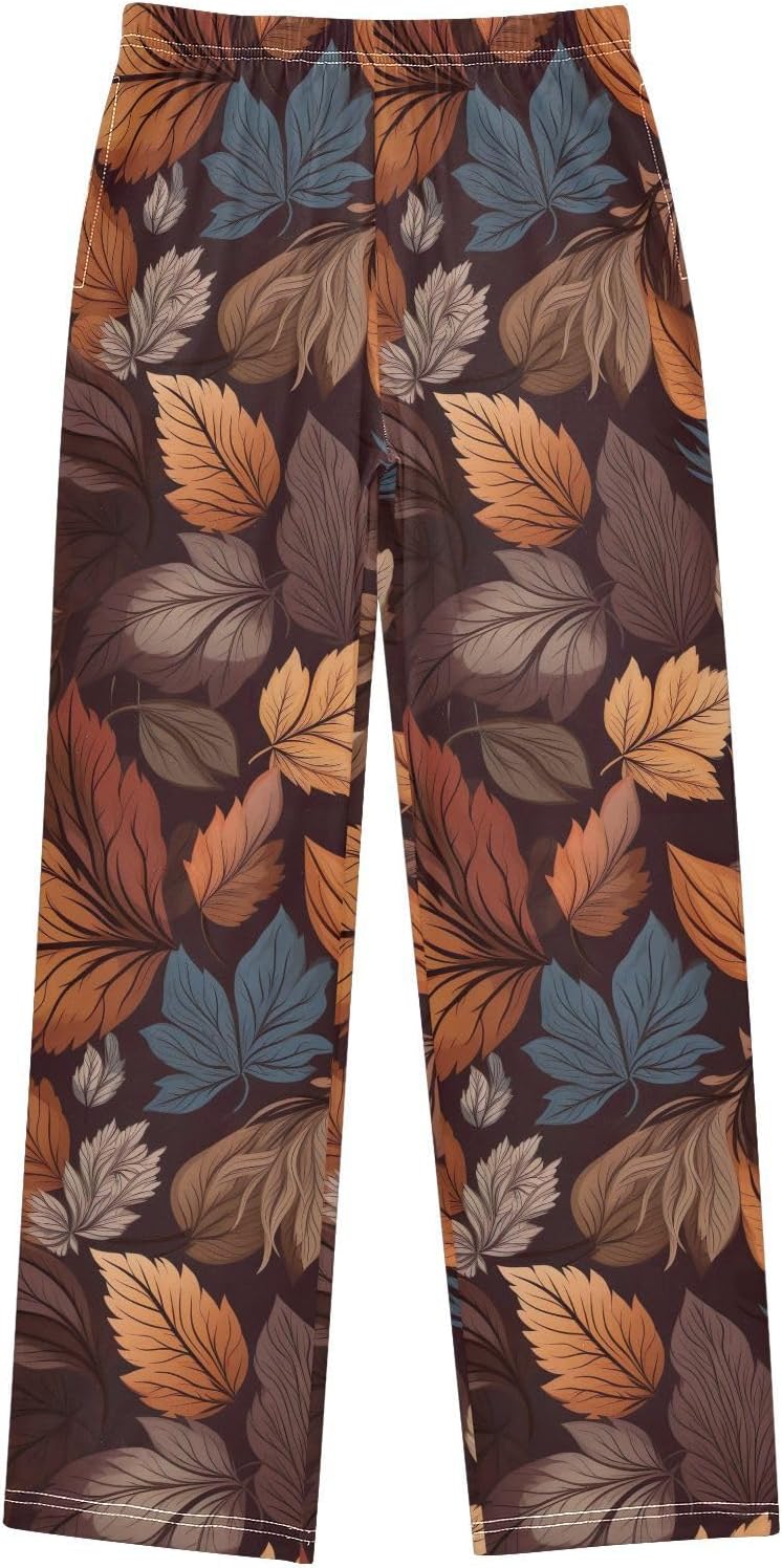 Fall Leaves Brown Soft Pajama Lounge Pants Sleepwear Long Pajama Bottoms with Pockets Elastic Waist for Christmas