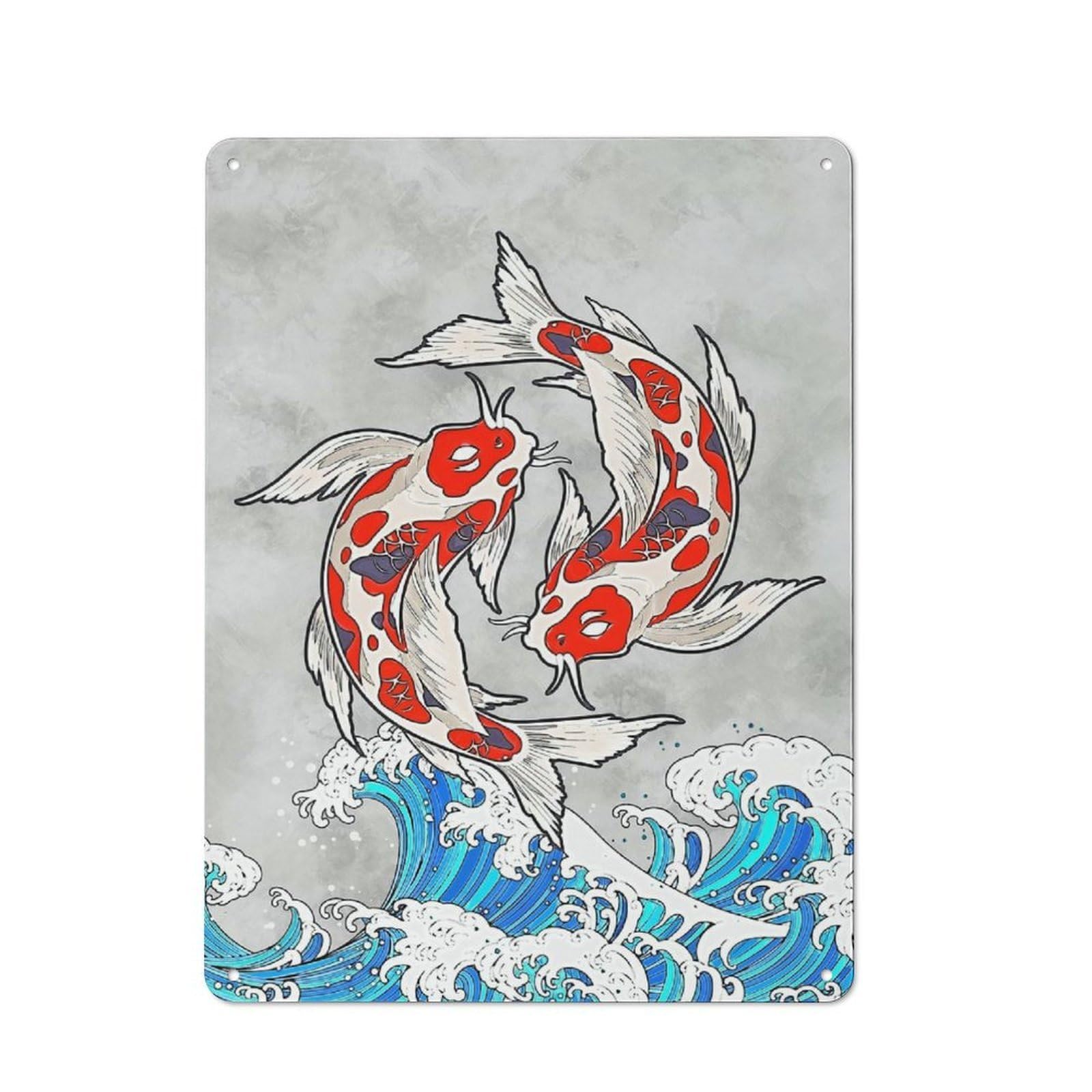 Cafe Style Decorative Metal Plaque 40x30cm Featuring Koi And Wave, Bistro Wall Plaque for Tea Room, Shop Wall Or Breakfast Area