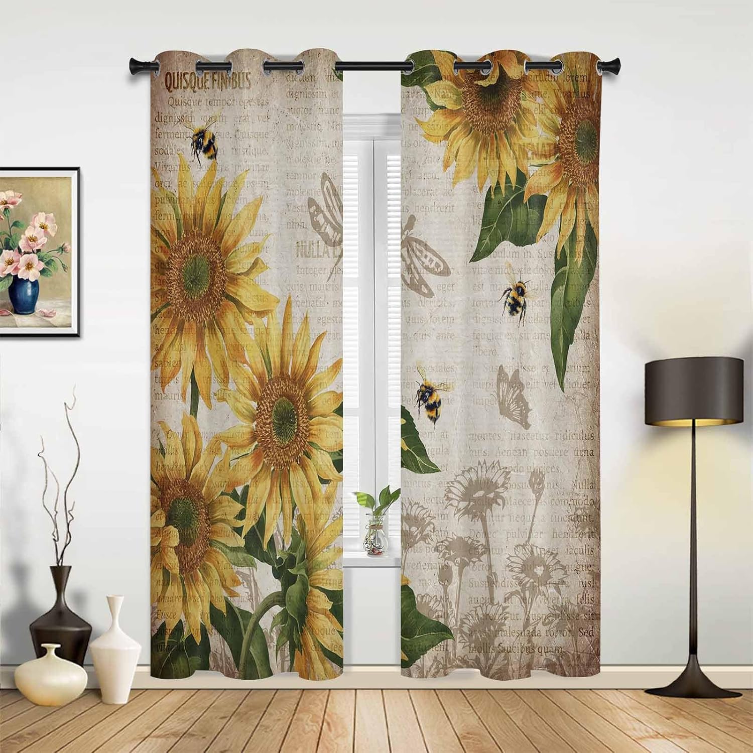 Blackout Window Curtains 84 Inch Length 2 Panels Set, Sunflowers and Bees Rustic Grommet Top Window Curtain for Living Room/Bedroom/Kitchen, Farmhouse Country Thermal Insulated Drapes 52x84 Inch
