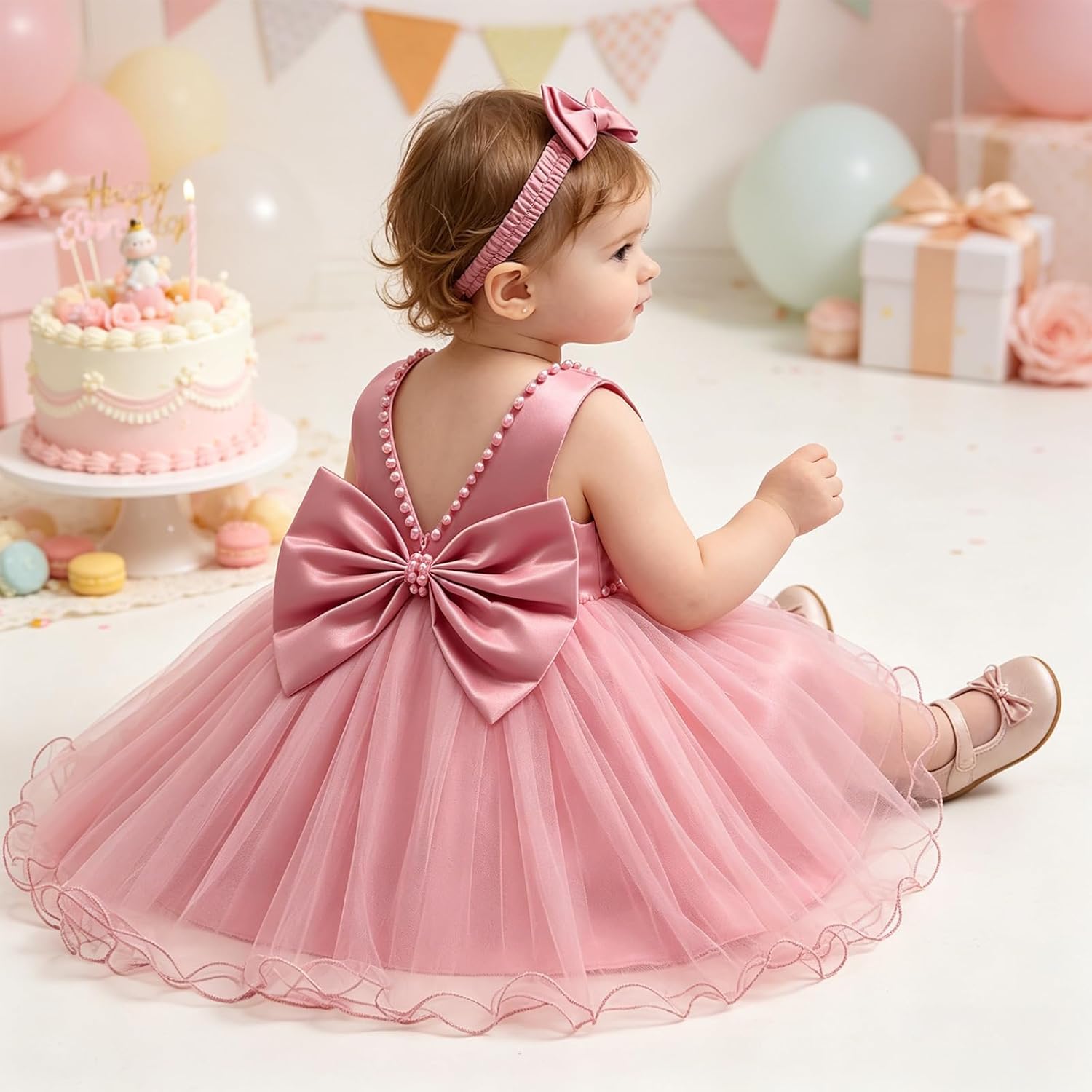 LZH Baby Girls Ruffle Lace Backless with Headwear,Bowknot Flower Dresses Pageant Party Wedding - Image 3