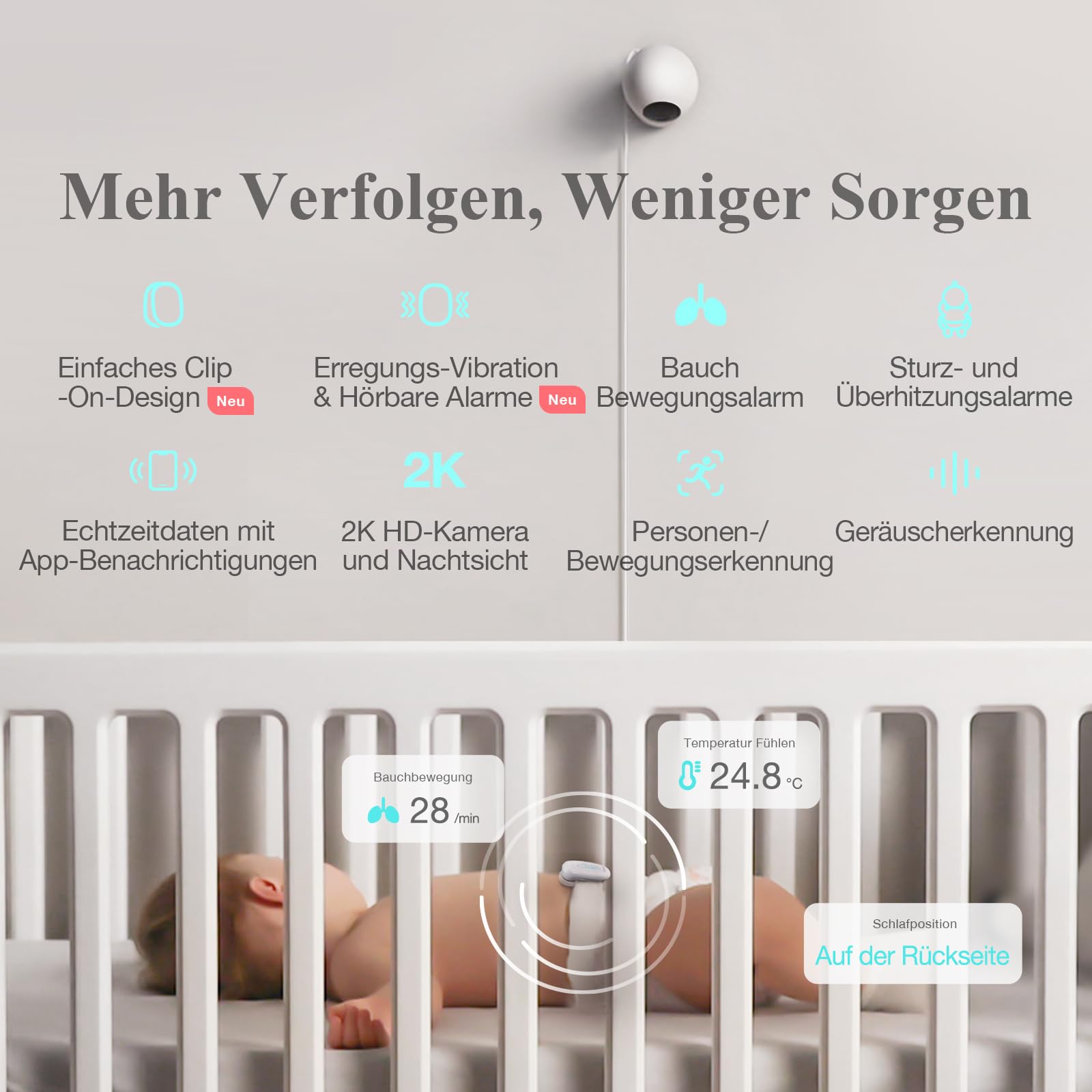 Sense-U Baby Monitor 3 mit Kamera,Babyphone,das Sie bei Bauchbewegungen,Rollen,Temperaturen und Erkannten Bewegungen Benachrichtigt, mit Nachtsicht,2-Wege-Sprechfunktion und Großer Reichweite
