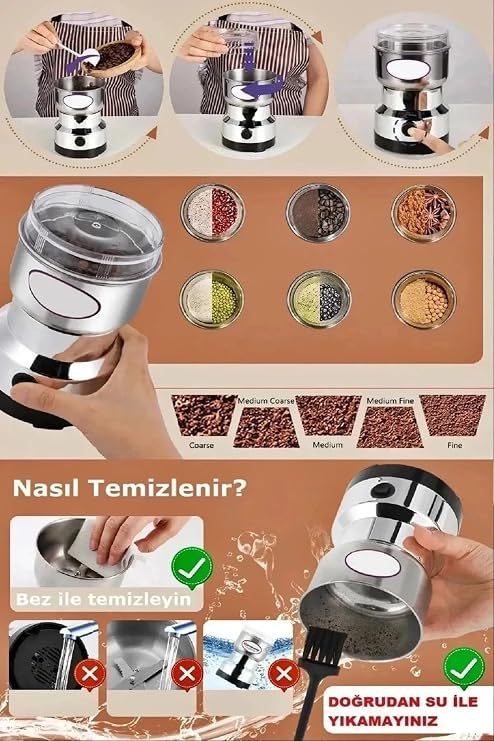 Alright Yeni Nesil Mini Elektronik Kahve ve Baharat Öğütücü, Gümüş