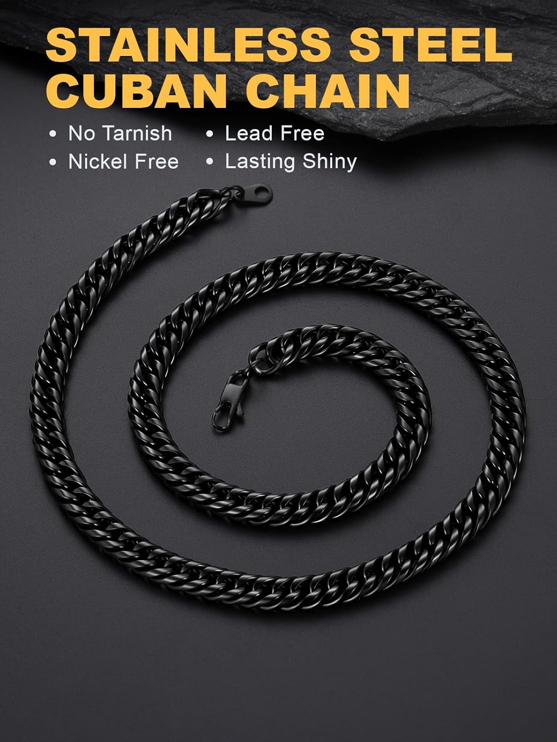 U7 Men Cuban Link Chain Necklace, Stainless Steel Franco Curb Choker, Silver/Black/14K Gold Plated Necklaces for Male Women, 6/9/12mm Width, 18-30 Inches Length Hip Hop Jewelry - Image 3