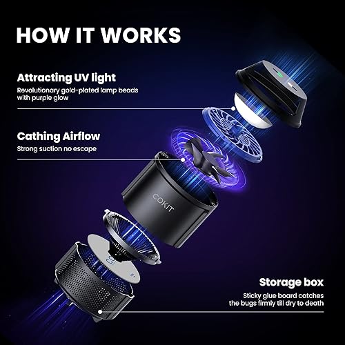 Miniatura 4 de COKIT Trampa para insectos de interior, atrapa insectos voladores con succión, luz de insectos y pegamento pegajoso, atrapa y mata para mosquitos,