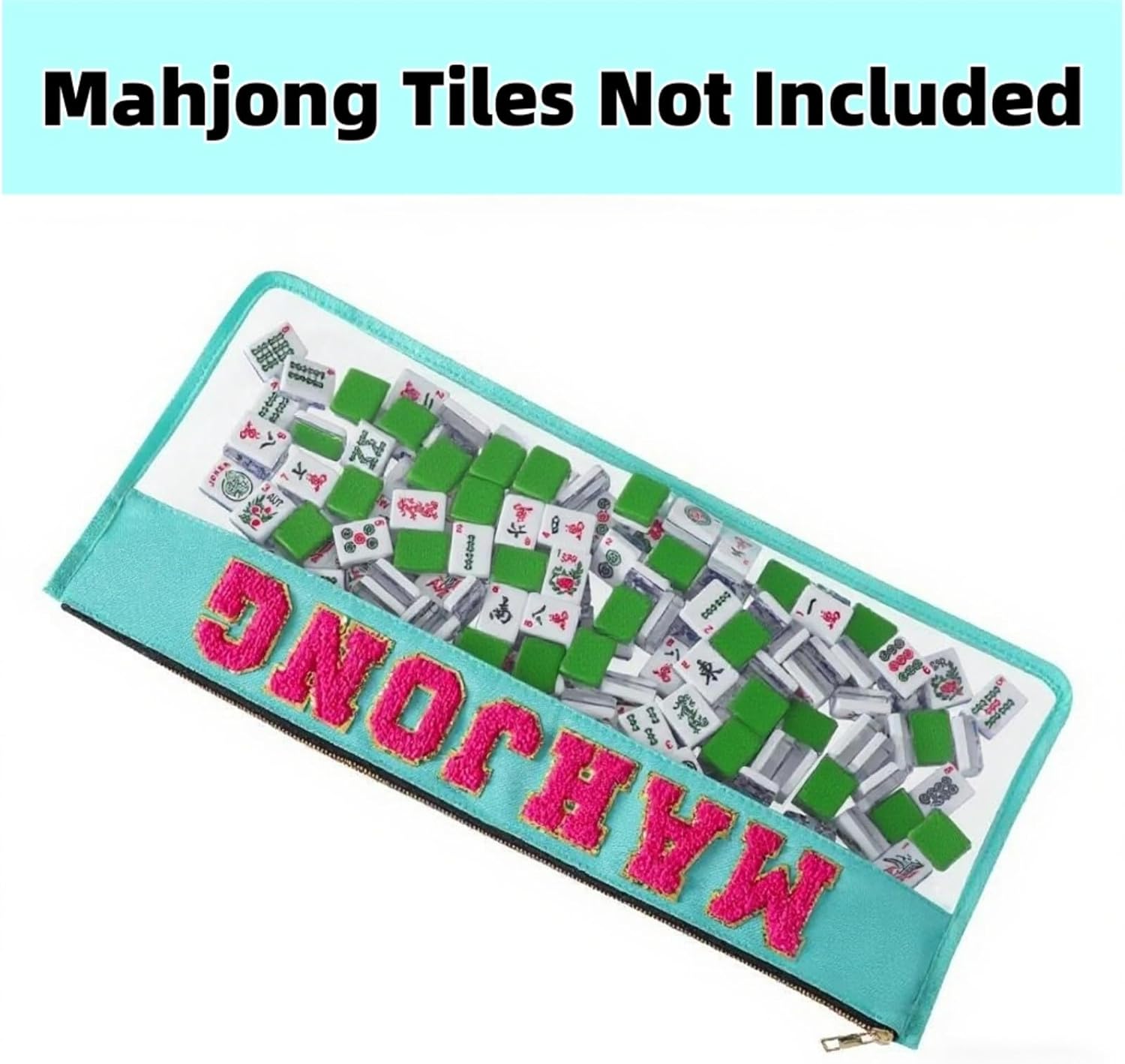 American Mahjong Bag -Clear Waterproof Mahjong Tiles Bag, Large Capacity Pouch with Zipper & Letter Embroidery, Travel Carrying Accessory for Mahjong Set (Case Only) (Turquoise)