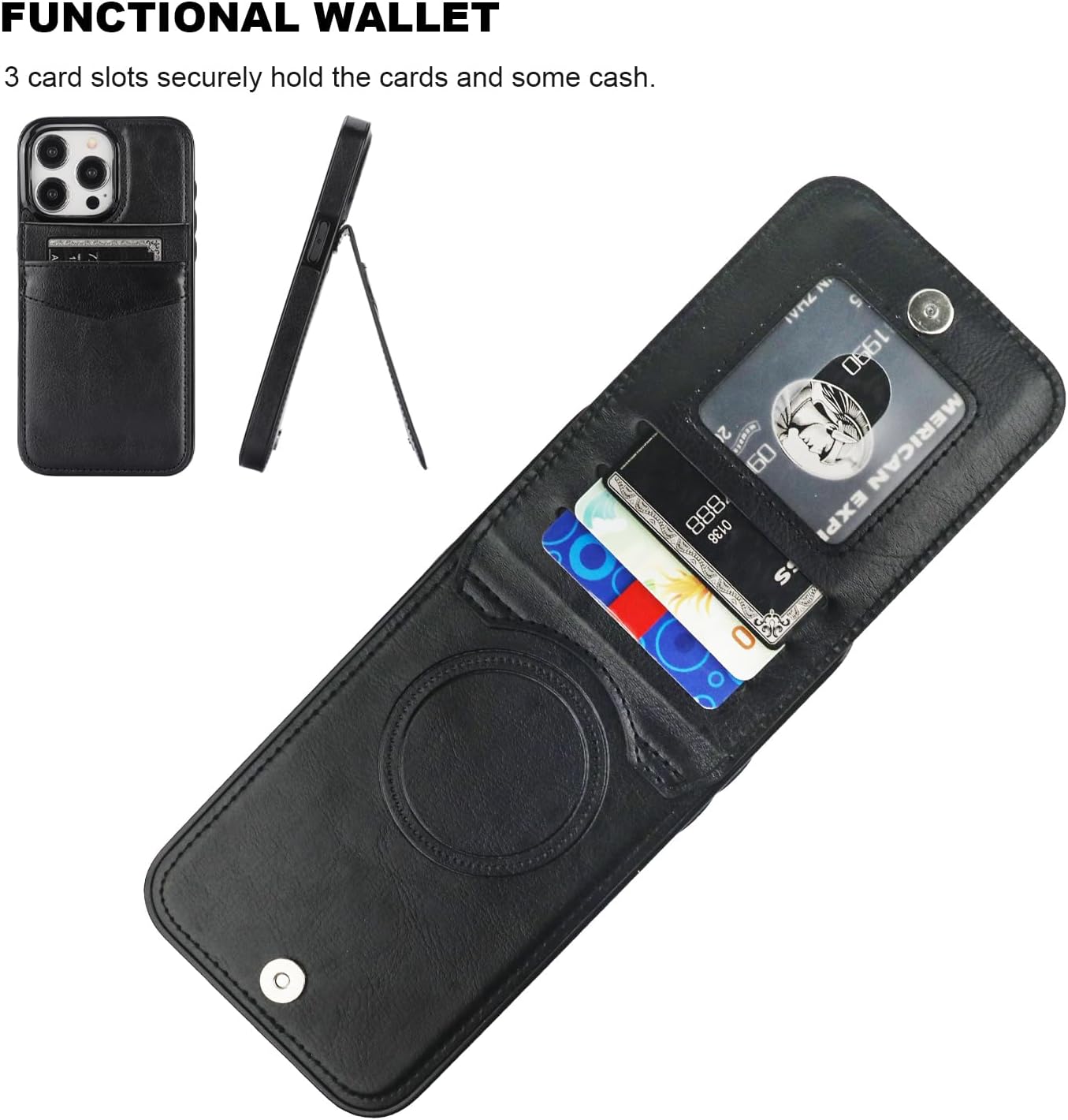 KIHUWEY for iPhone 15 Pro Max Case Wallet Compatible with MagSafe Wireless Charging, Credit Card Holder, RFID Flip Leather Magnetic Clasp Kickstand Heavy Duty Protective Cover 6.7 Inch (Black)
