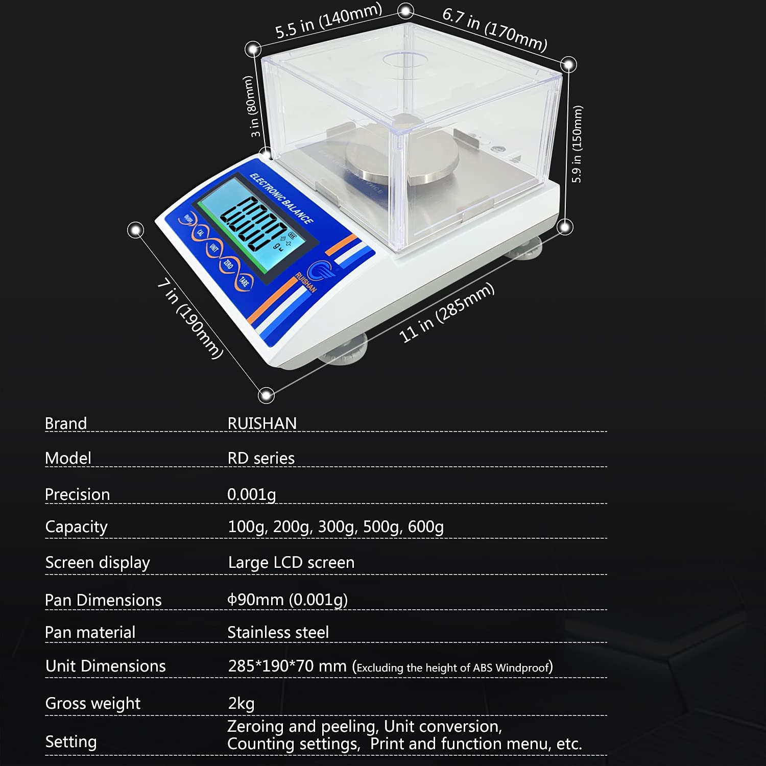 RUISHAN Lab Precision Milligram 500g x 1mg (0.001g) Analytical Balance | High Accuracy Digital Scientific Scale | .001 Gram Scale for Laboratory, Jewelry and More | LCD Digital Display with RS232 : Office Products