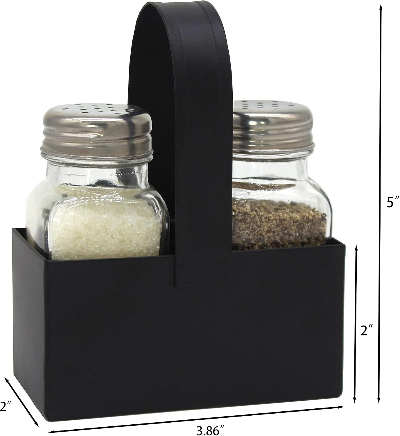 CVHOMEDECO. Salt and Pepper Shakers Set with Black Galvanized Caddy, Farmhouse Glass Salt and Pepper Shaker Dispensers, Black Metal Holder with Padded Feet, for Home Kitchen Table Decor. Rectangular
