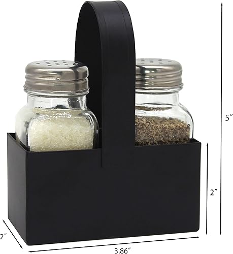 Miniatura 6 de CVHOMEDECO. Juego de saleros y pimenteros con organizador galvanizado negro, dispensadores de sal y pimienta de vidrio de granja, soporte de metal