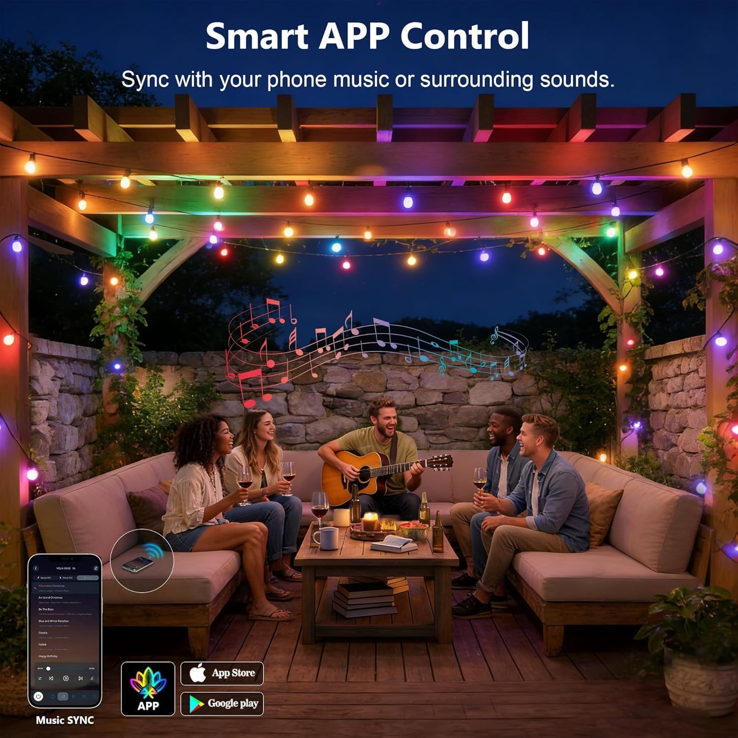 Outdoor String Lights, 140FT RGB+IC Outside Light Dimmable Shatterproof LED Bulbs, IP67 Waterproof Chasing Effect Lighting DreamColor Patio Strip Lights for Backyard, Balcony, Outdoor Living