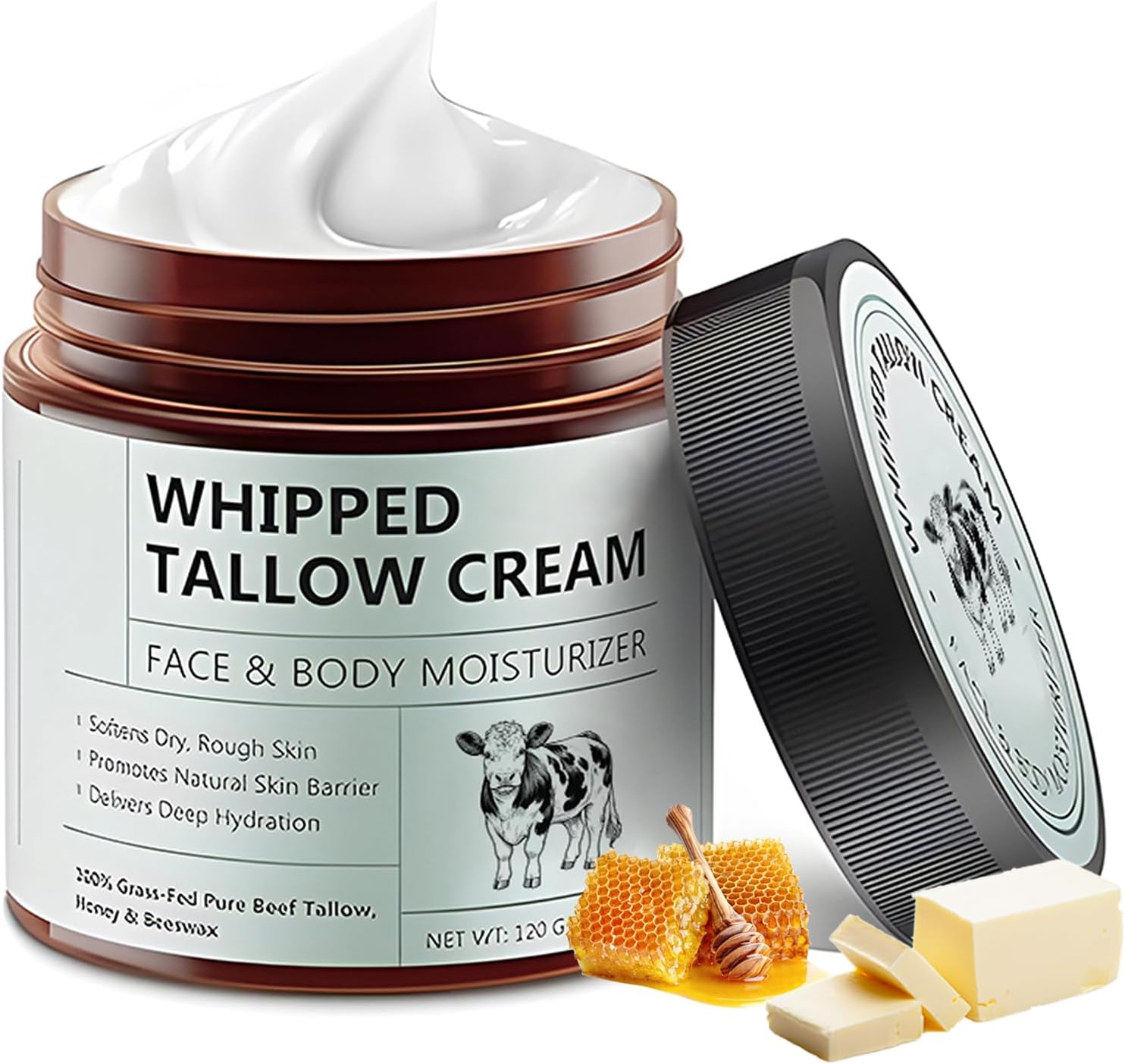 Beef Tallow Cream, Bio Beef Tallow Skincare, Grass-Lined Beef Tallow Cream with Honey and Beeswax, Deep Moisturizing for Face and Body, Fast Absorption and Not Scented, 120g