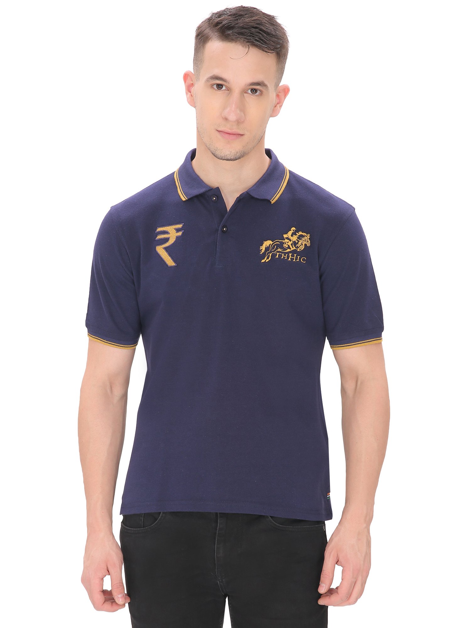 THHIC India Navy Blue - Golden Rupee Sign Pique Polo Regular Fit Cotton T-Shirt